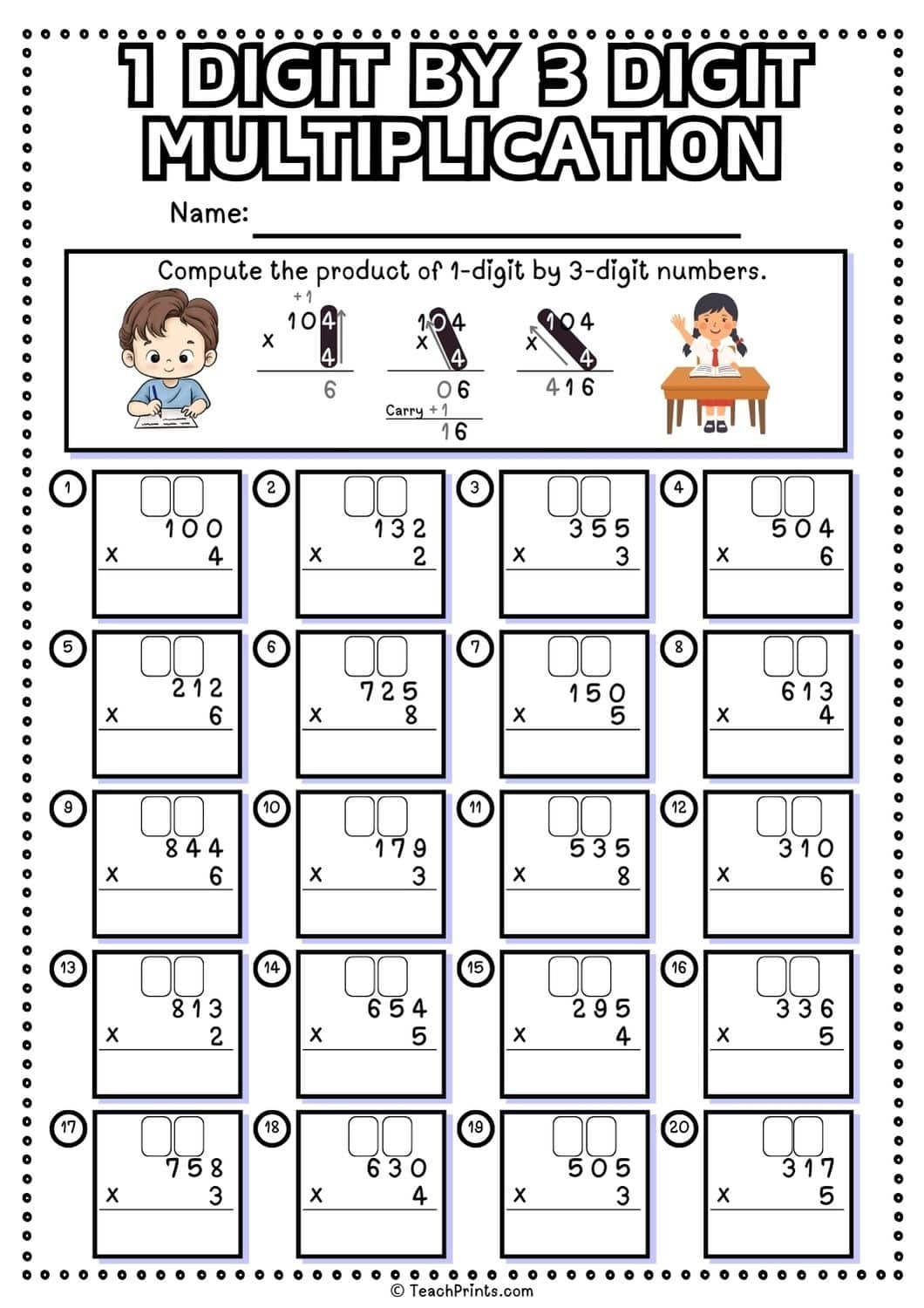 1 Digit By 3 Digit Multiplication Worksheets Teach Prints