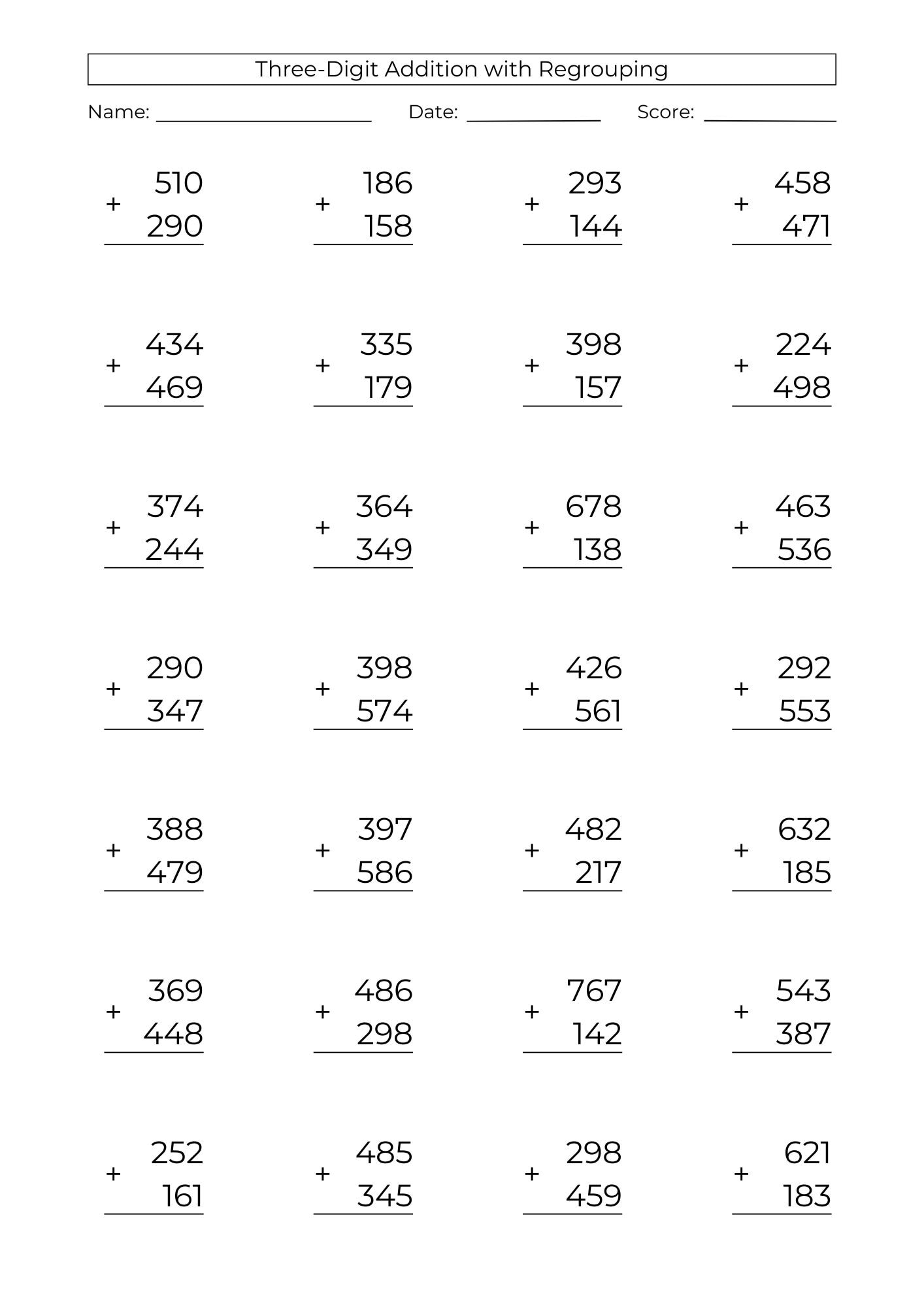 10 Printable 3 digit Addition Worksheets 3rd Grade Math Drills PDF Download Etsy
