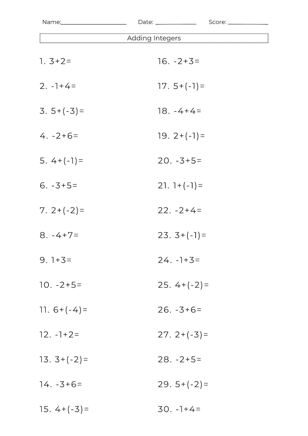 10 Printable Addition Subtraction Integers Worksheets Math Problems PDF Etsy New Zealand