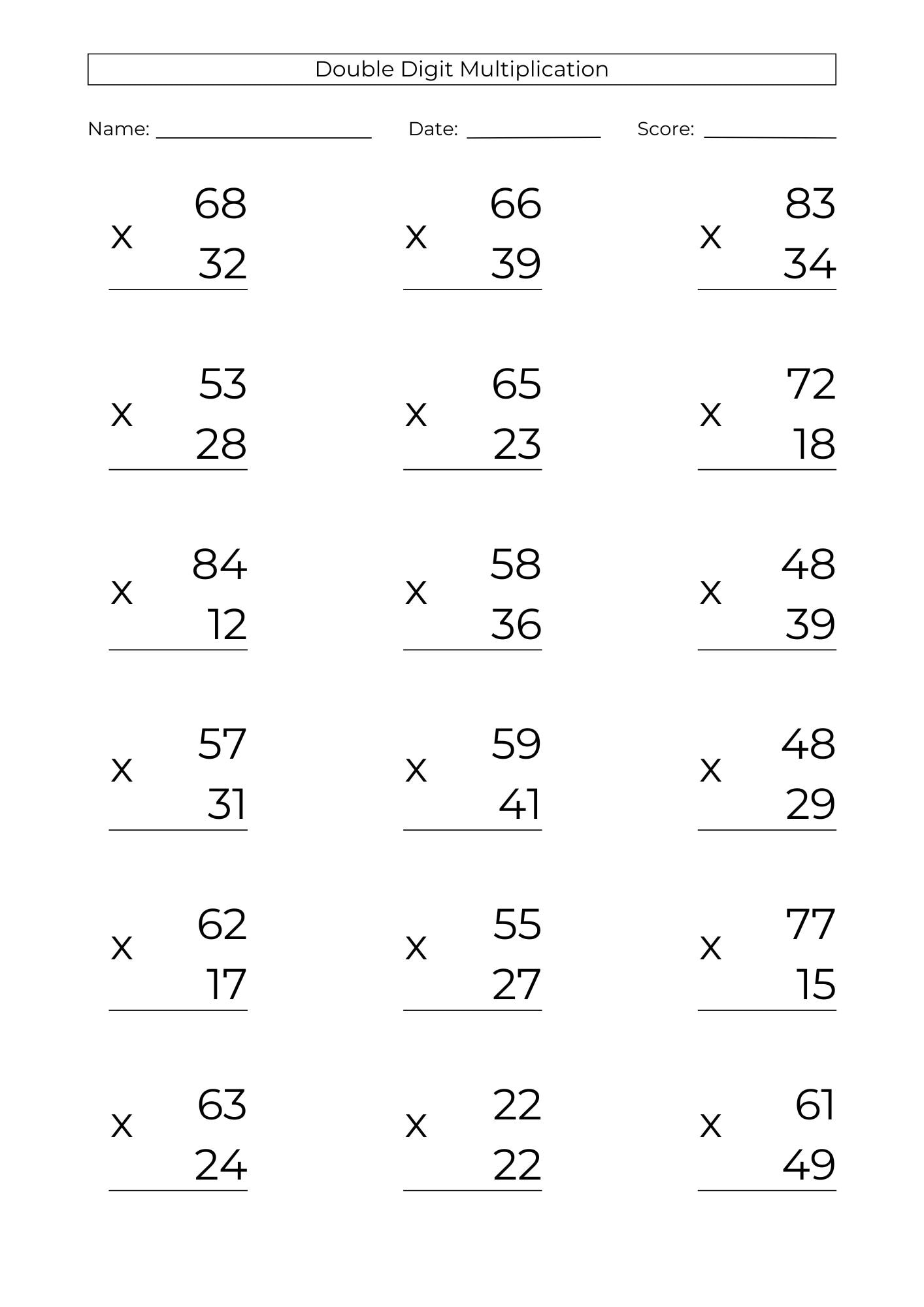 10 Printable Double Digit Multiplication Worksheets 2 digit Practice PDF Download Etsy