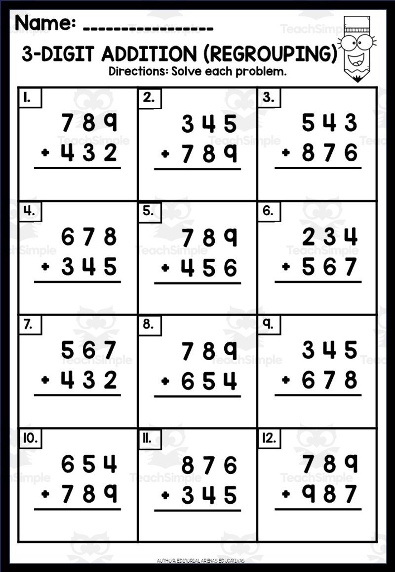 10 WORKSHEETS OF 3 DIGIT ADDITION WITH REGROUPING By Teach Simple