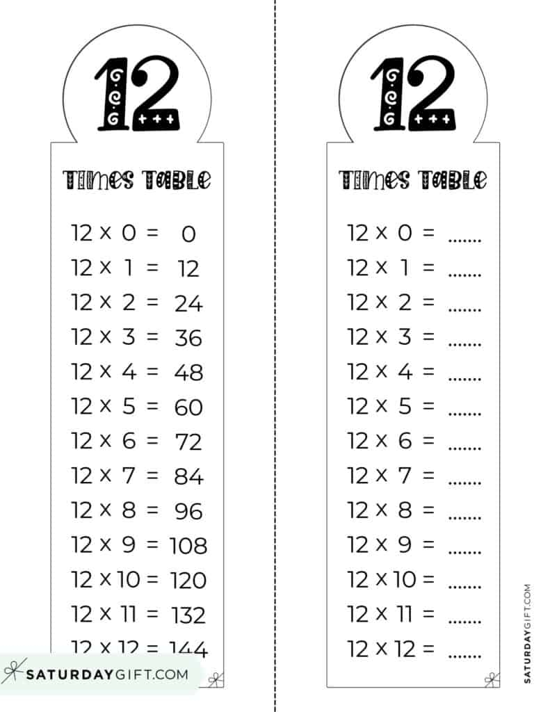 12 Times Table Chart 15 Cute Free Printables SaturdayGift