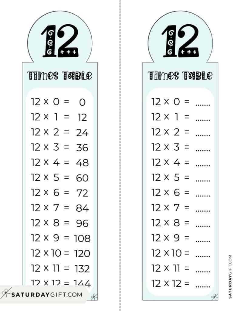 12 Times Table Chart 15 Cute Free Printables SaturdayGift