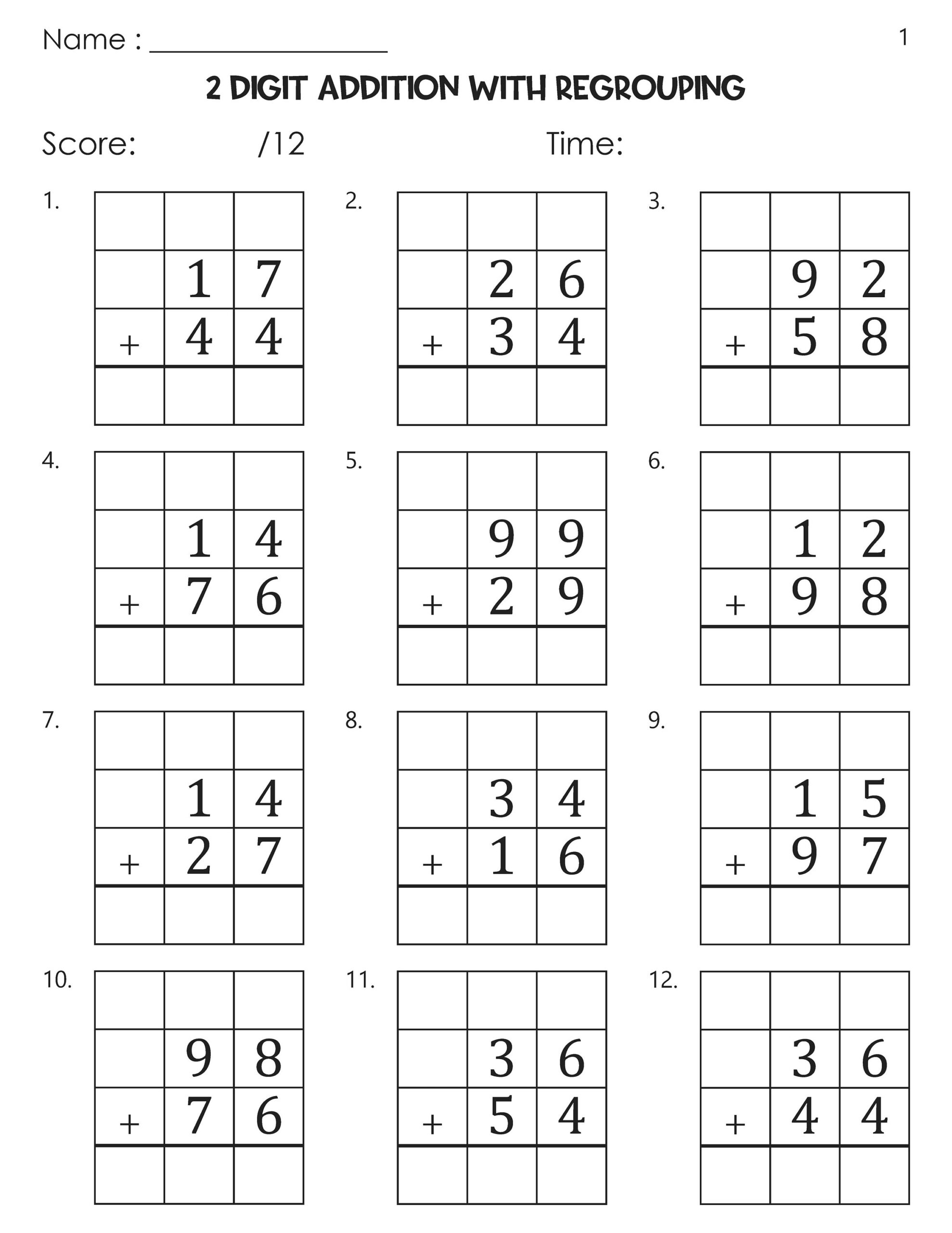 2 Digit Addition With Regrouping Worksheets Etsy