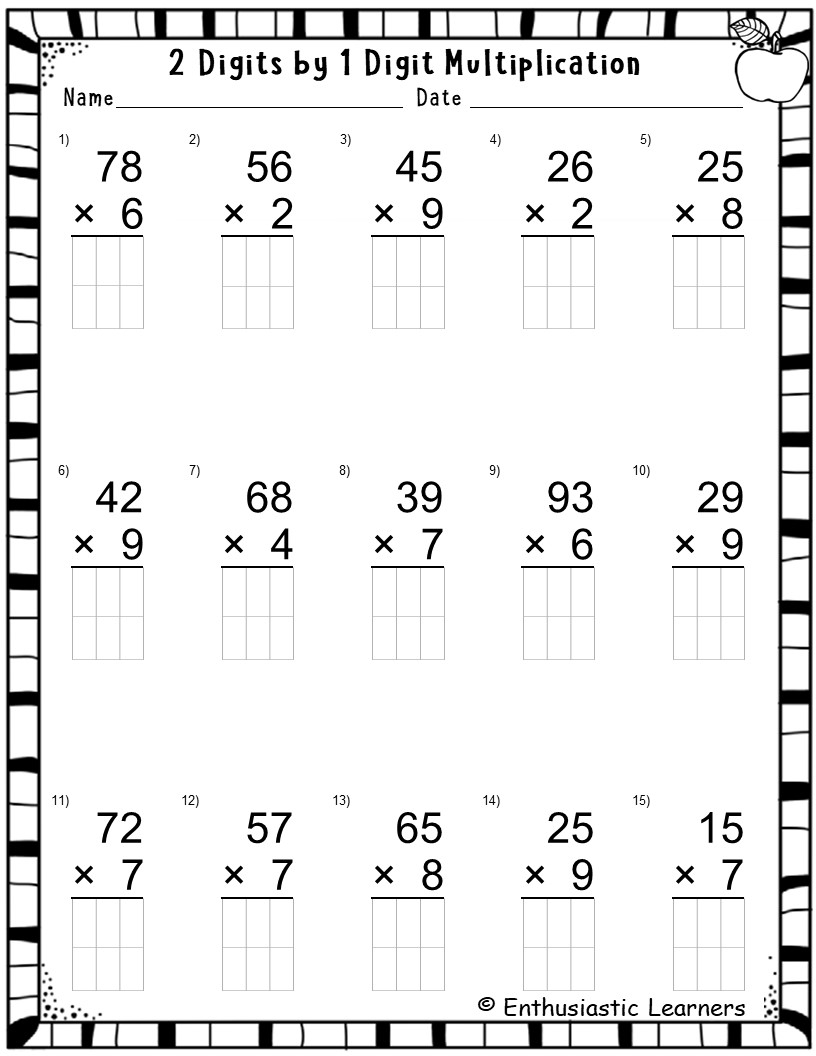 2 Digit By 1 Digit Long Multiplication Worksheets Math Problems Teaching Resources