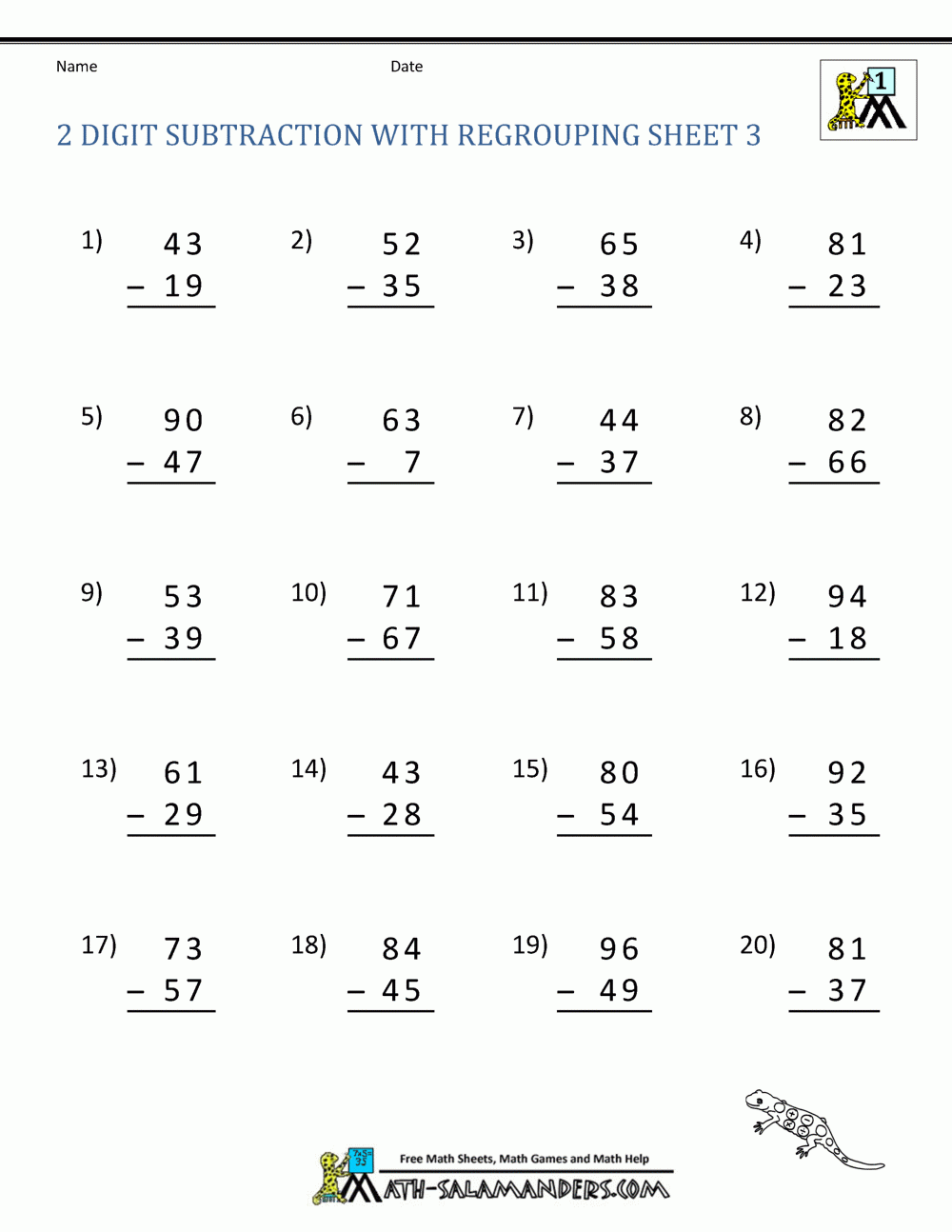 2 Digit Subtraction Worksheets