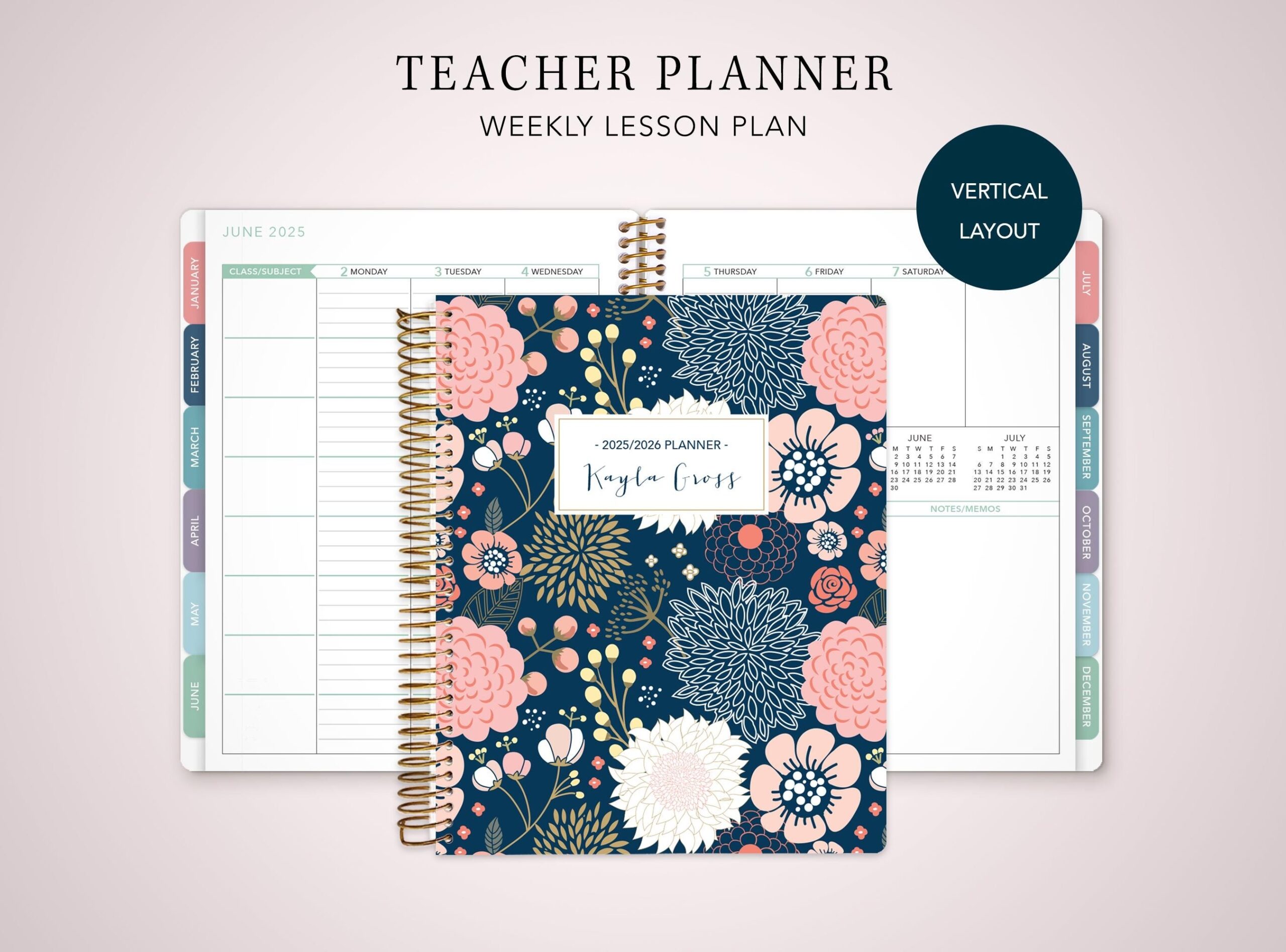 2026 2027 TEACHER PLANNER VERTICAL 7x9 2026 2027 Teacher Lesson Plan Weekly Calendar Navy Pink Gold Floral Etsy