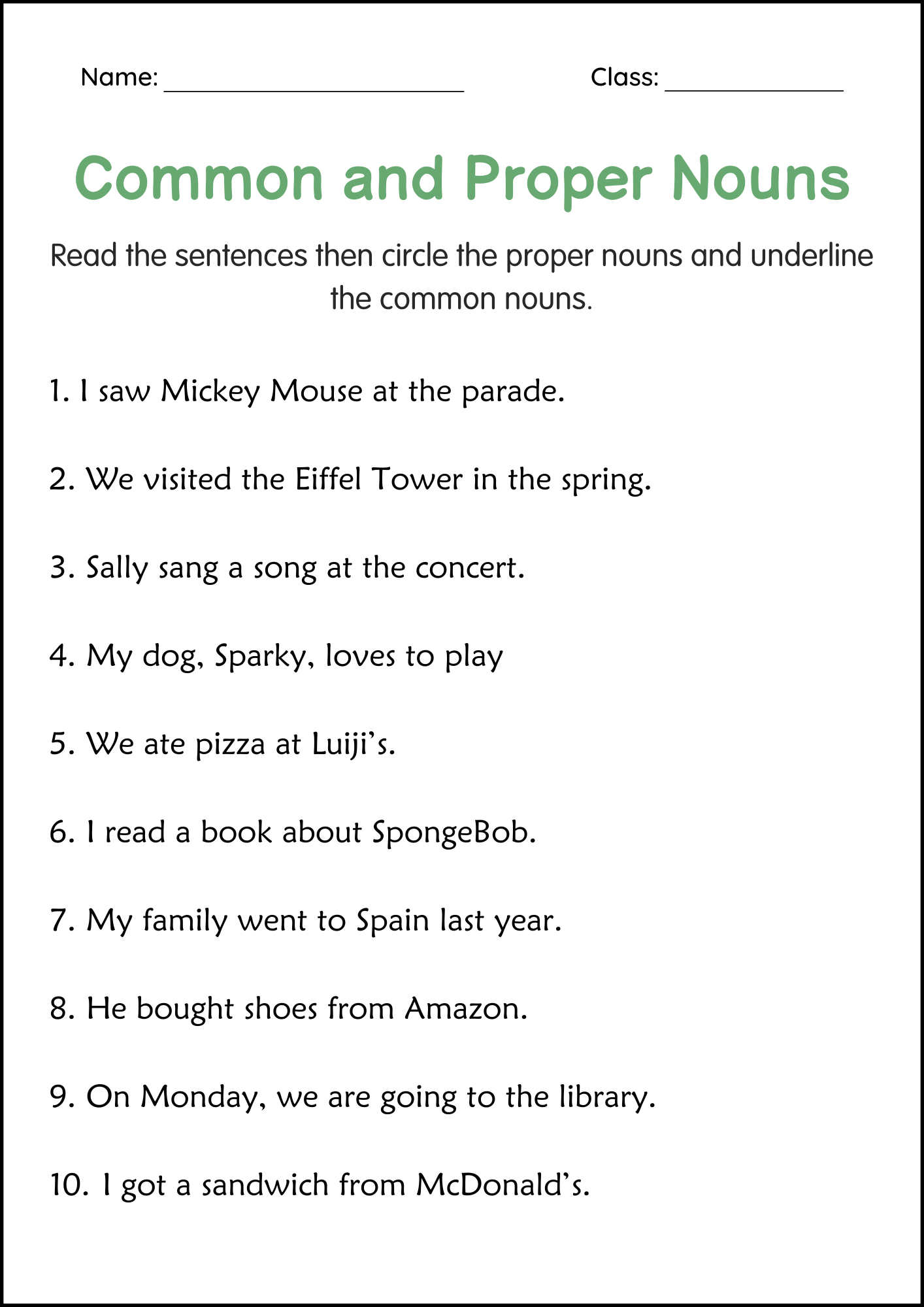 common and proper noun worksheets common and proper noun worksheets