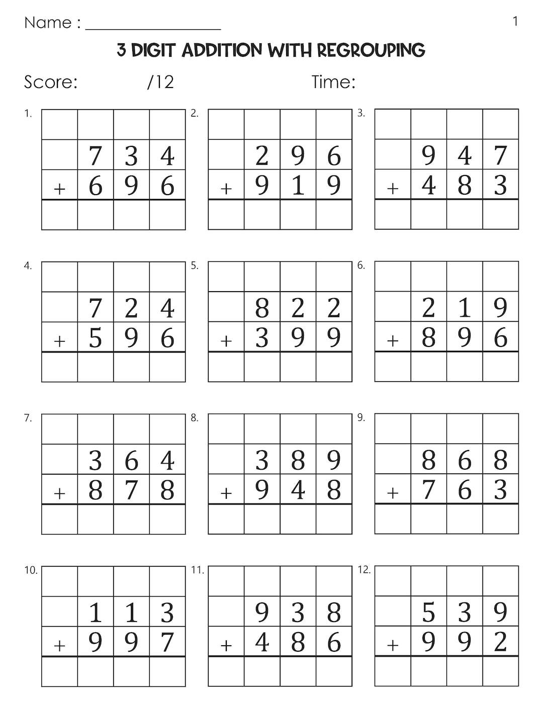 3 Digit Addition With Regrouping Worksheets Etsy 3 Digit Addition With Regrouping Worksheets Etsy