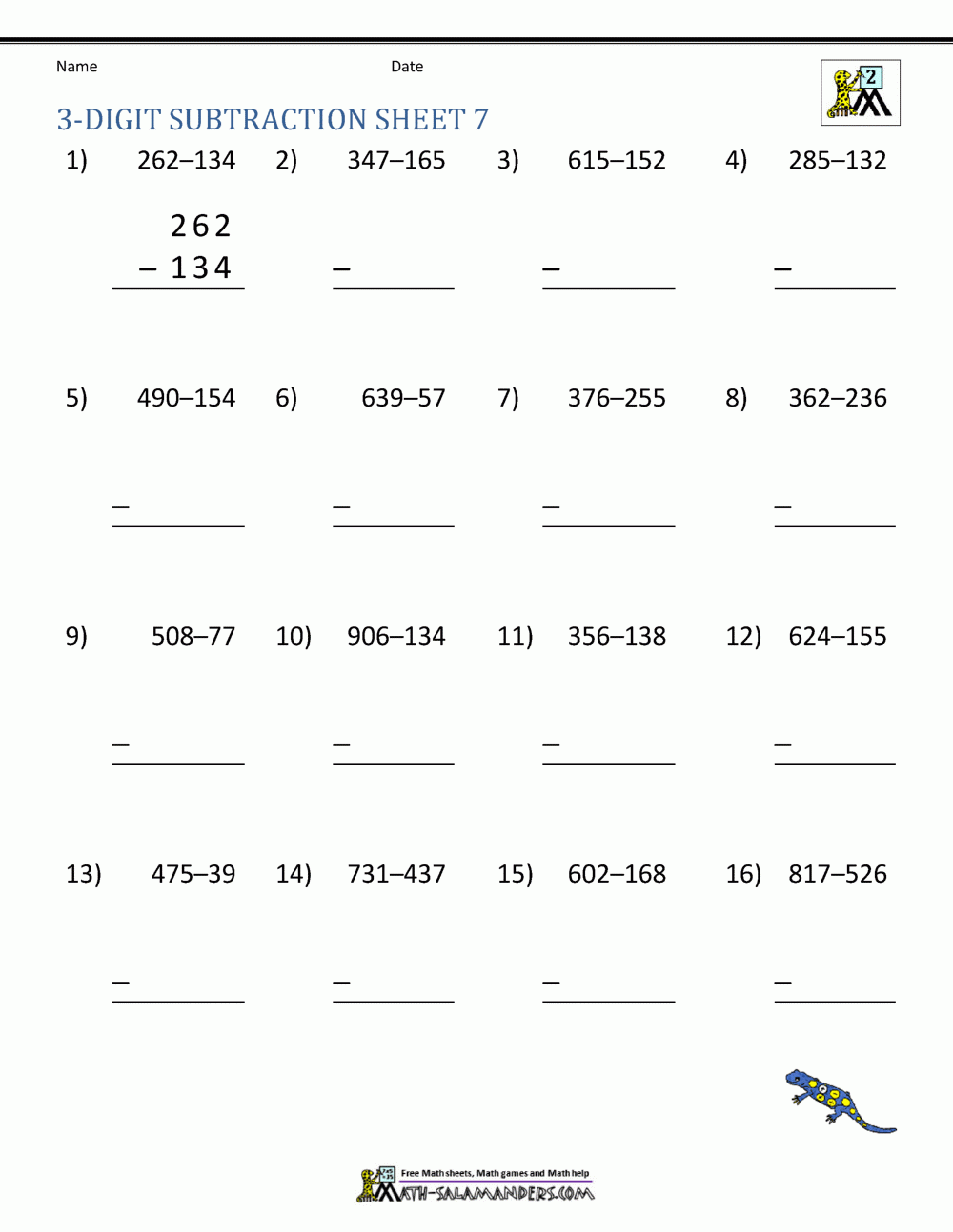 3 Digit Subtraction Worksheets