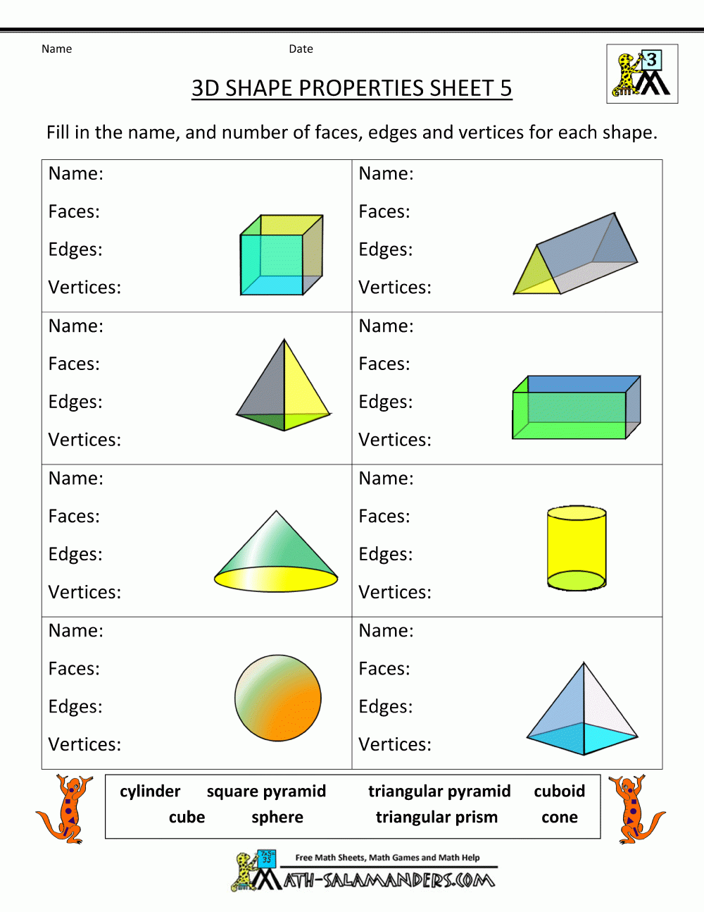 3d Shapes Worksheets