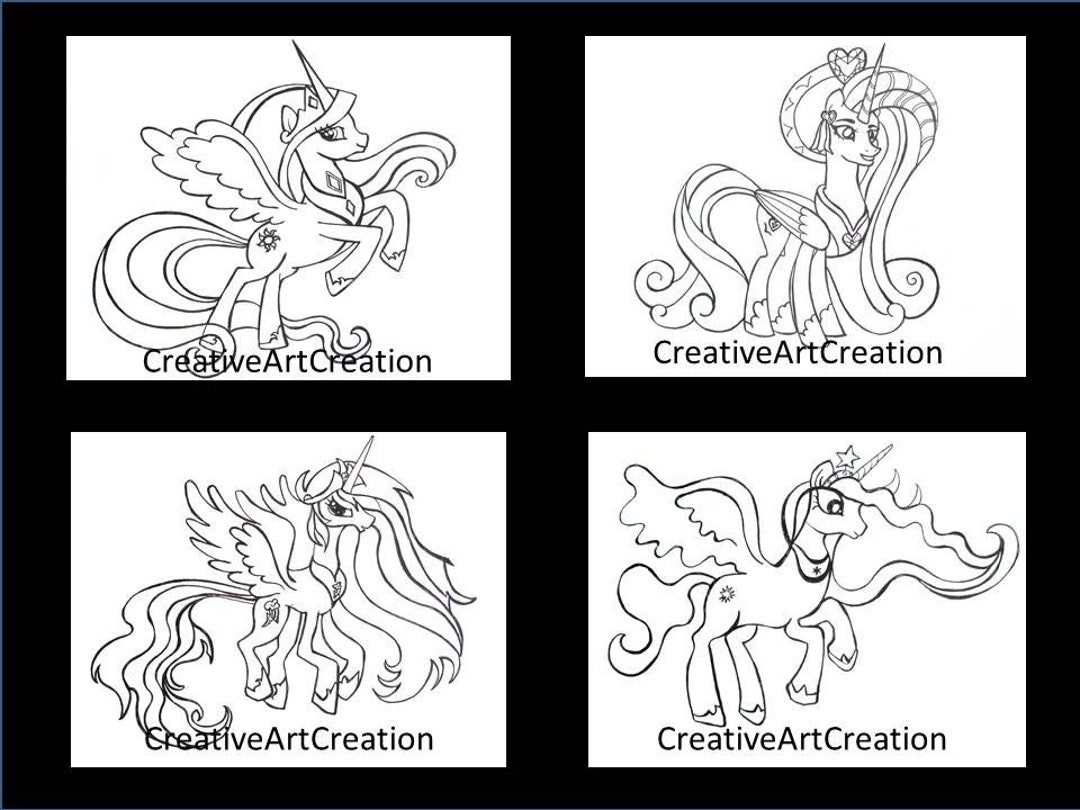4 Pack My Little Pony Coloring Pages Book Cadence Princess Celestia Rainbow Dash Twilight Sparkle Printable Digital Artwork Instant Download Etsy