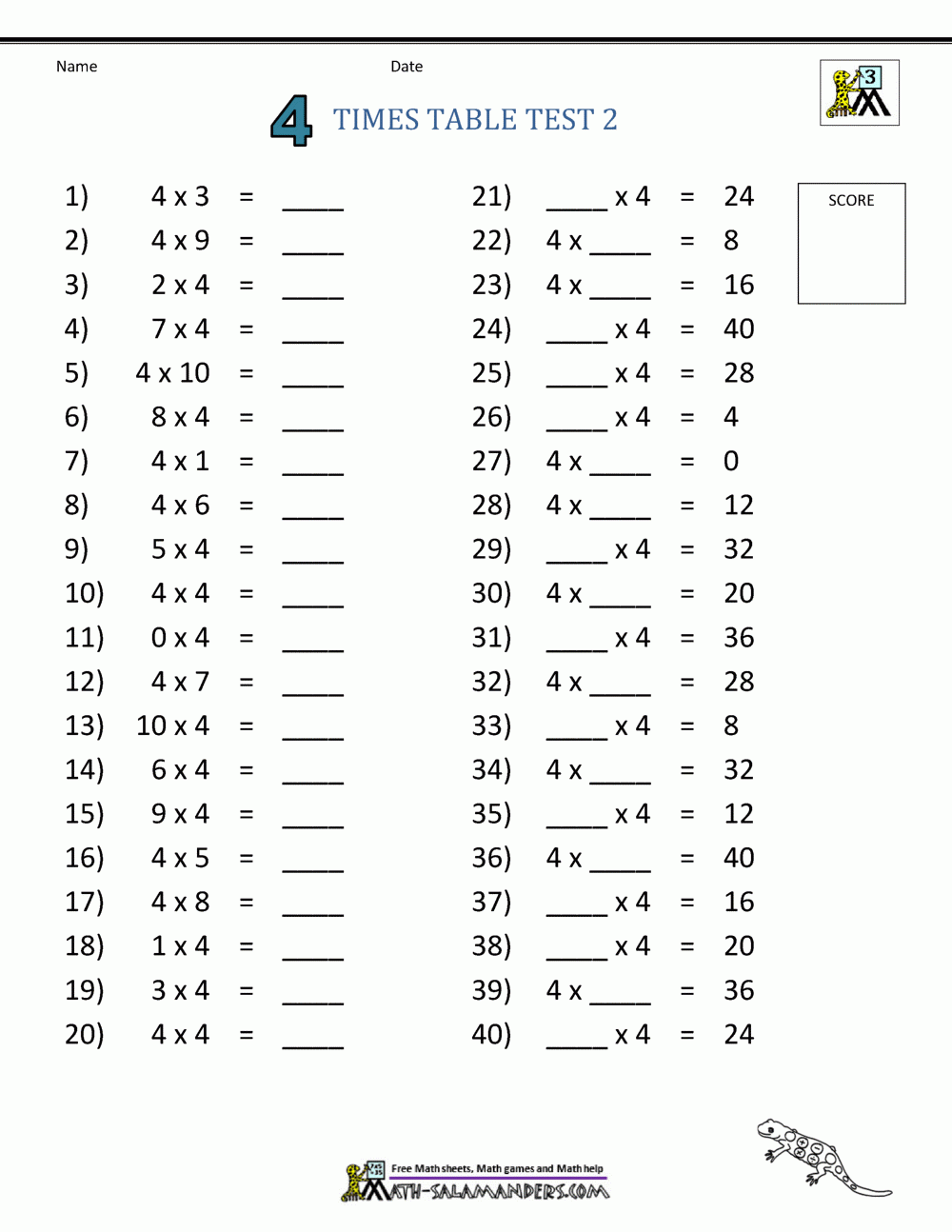 4 Times Table Worksheet Page