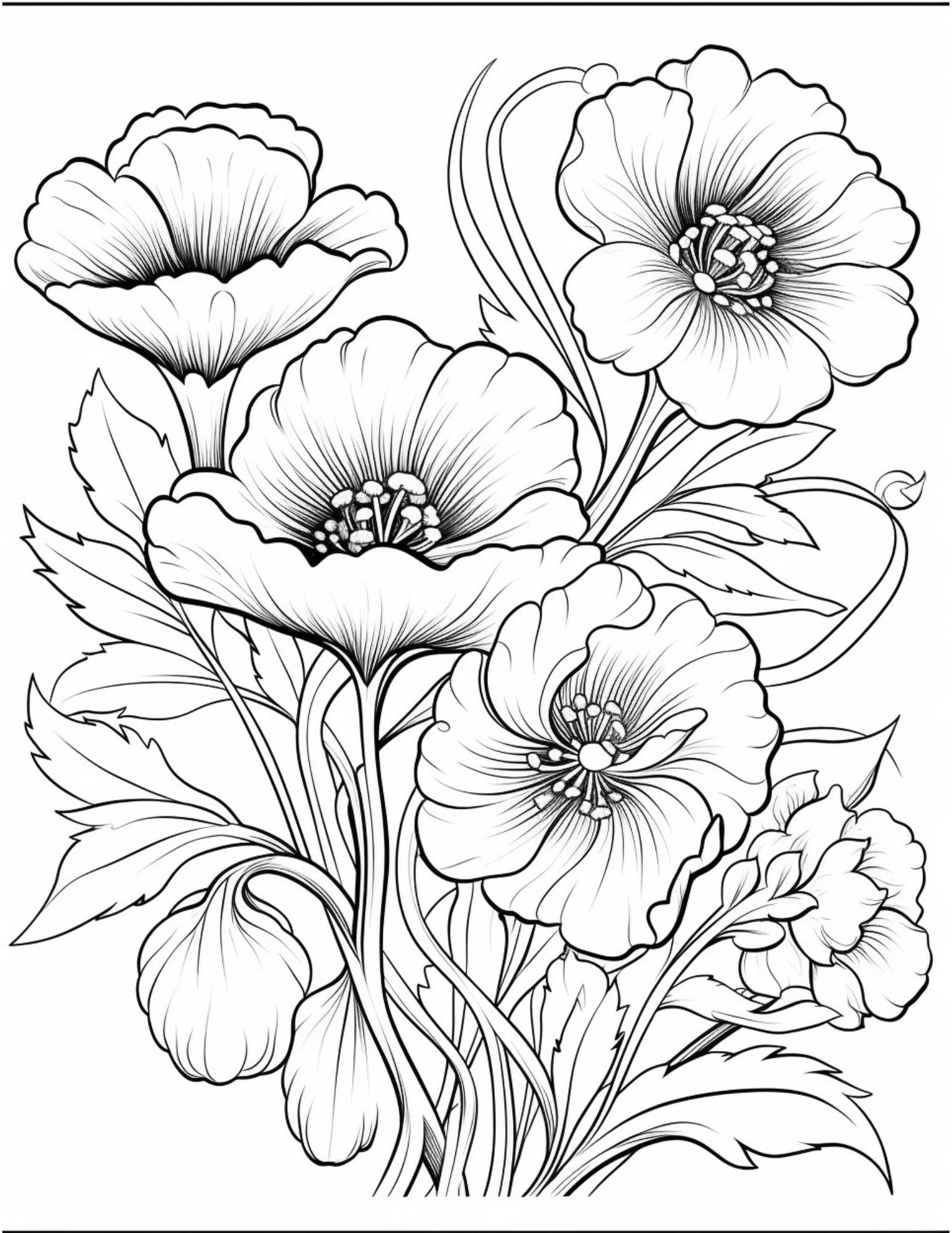 50 Flowers Coloring Pages Stress Relief Floral Art PDF Download Etsy