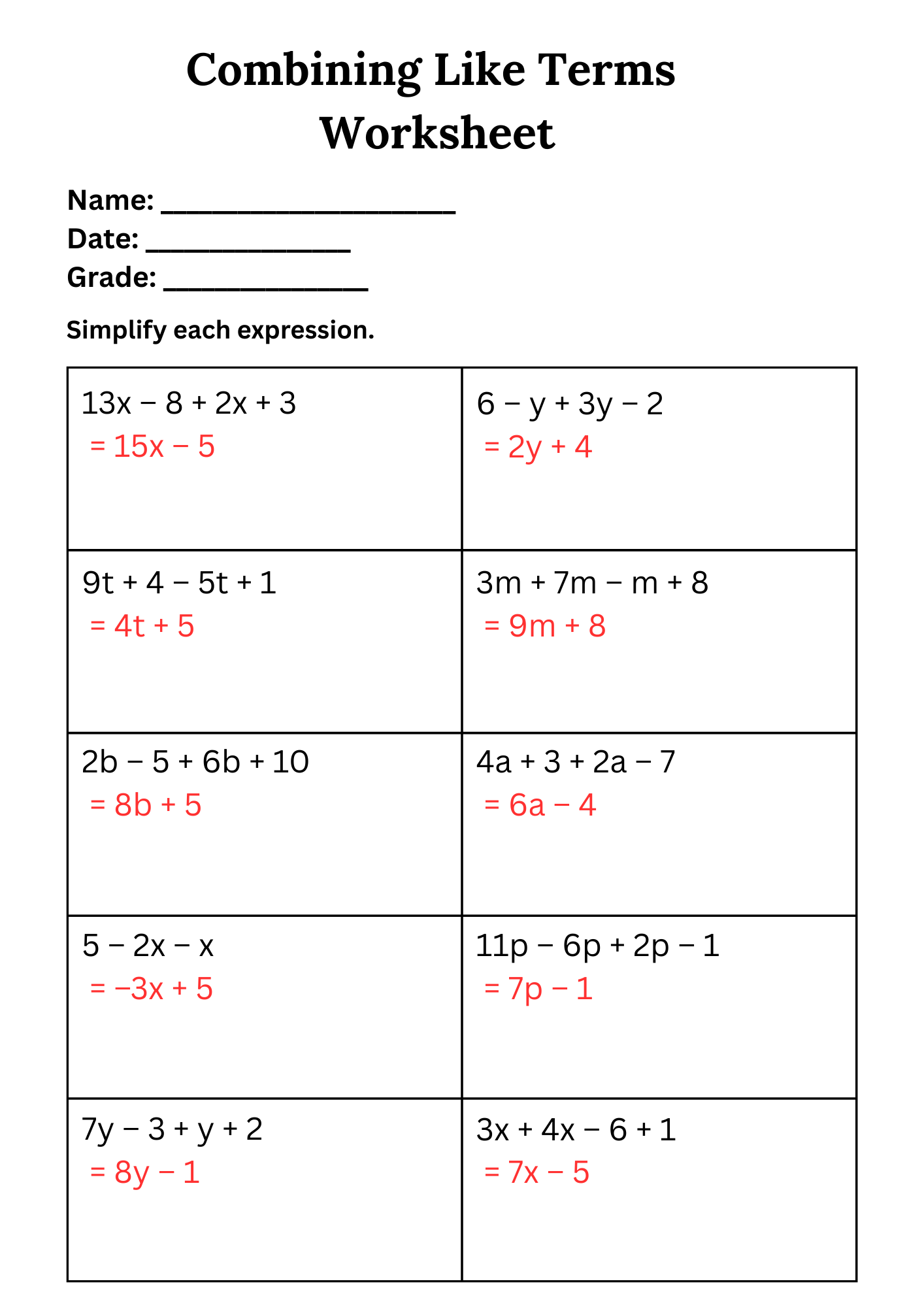 50 Free Printable Combining Like Terms Worksheet To Download In PDF 50 Free Printable Combining Like Terms Worksheet To Download In PDF