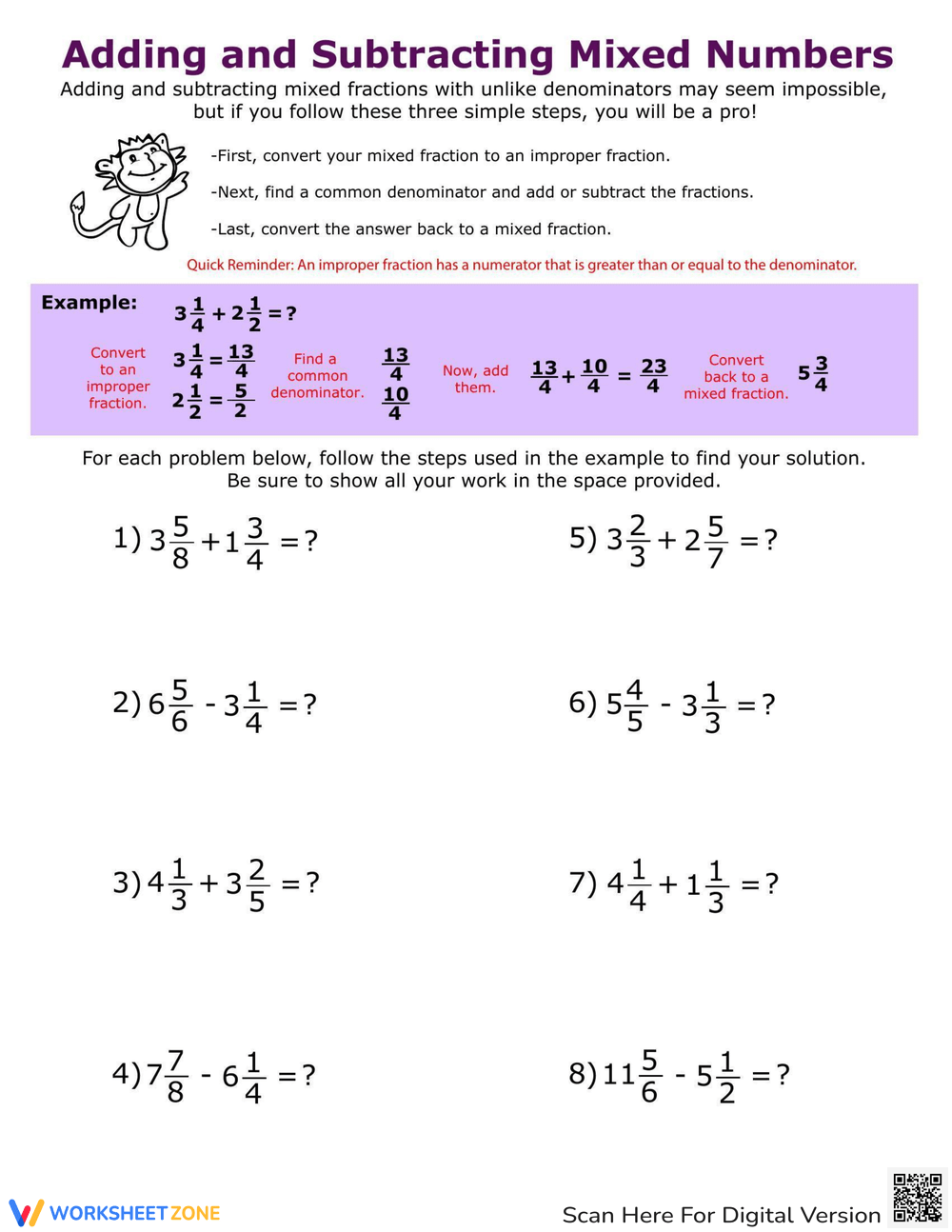 adding and subtracting mixed numbers worksheet