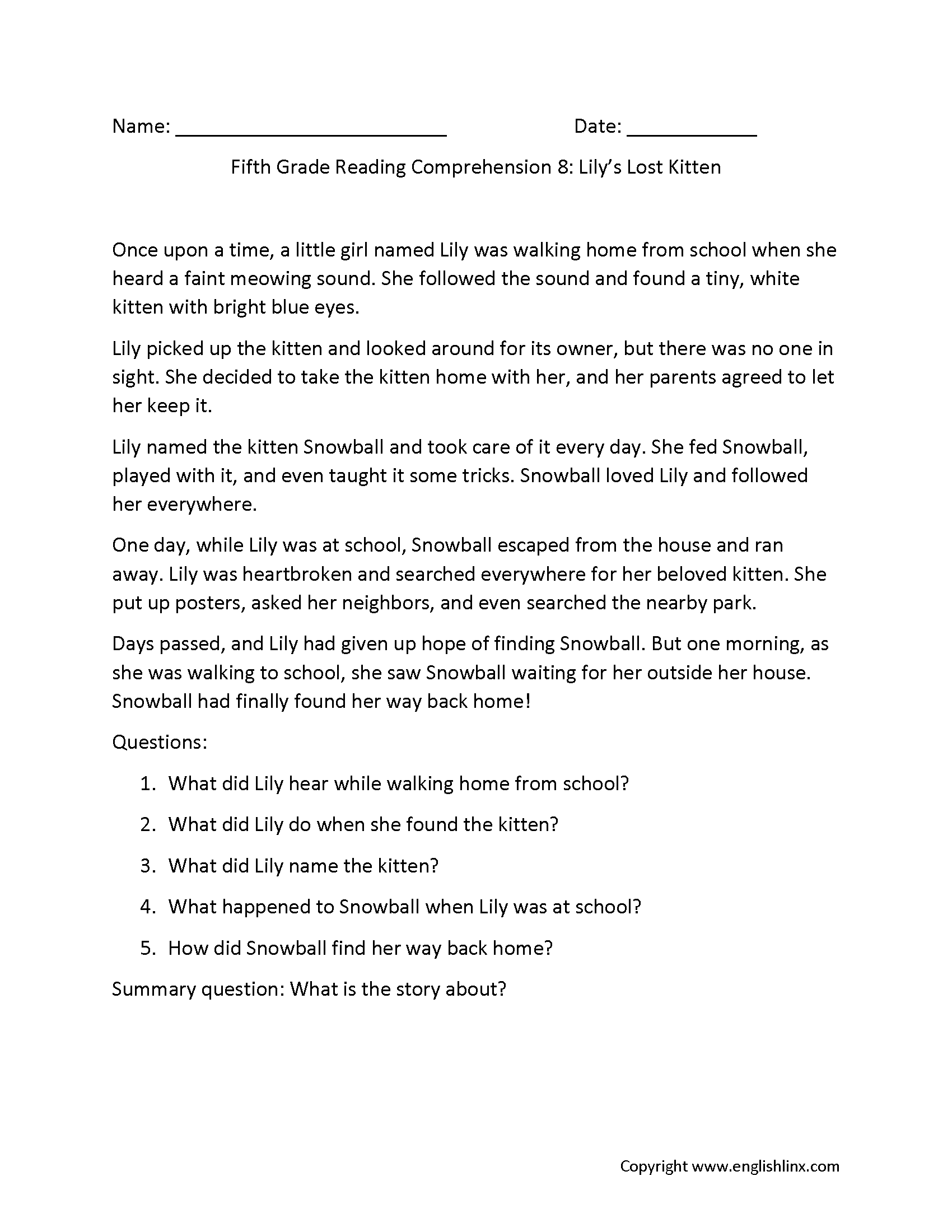 5th Grade Reading Comprehension Worksheets Free PDF 