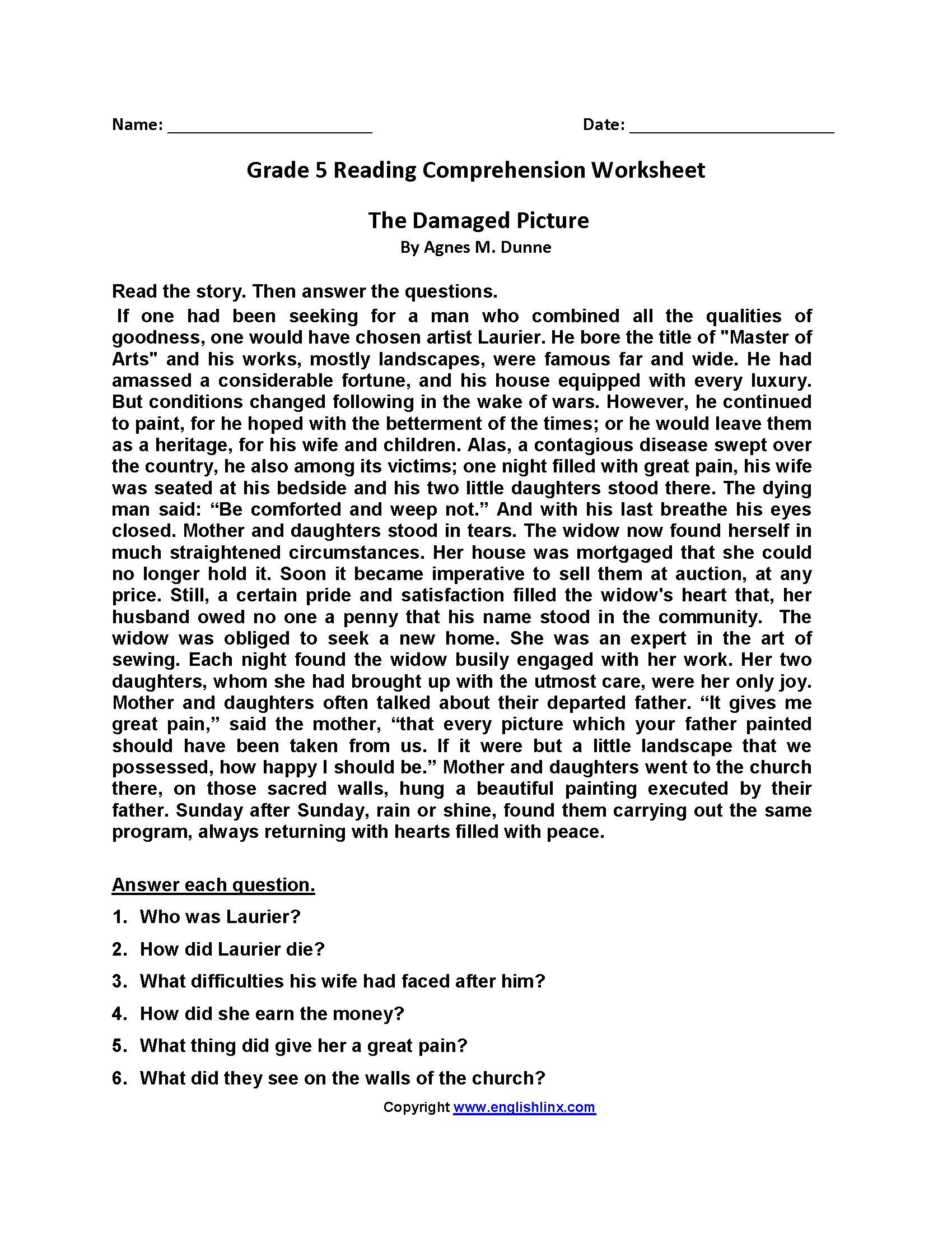 5th Grade Reading Comprehension Worksheets Free PDF 