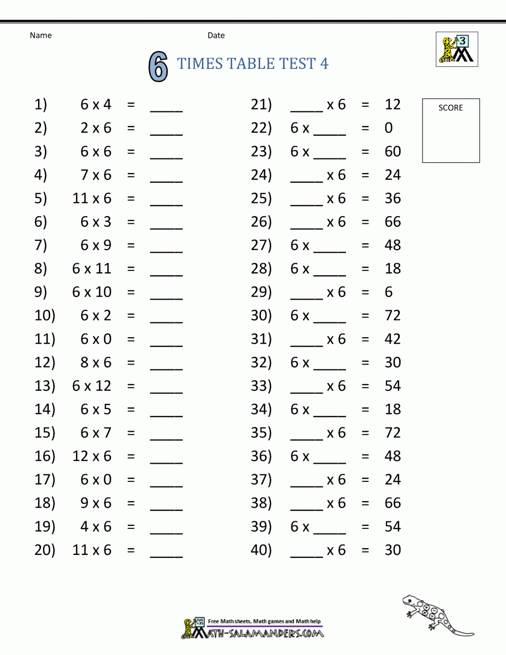 6 Times Tables Worksheets