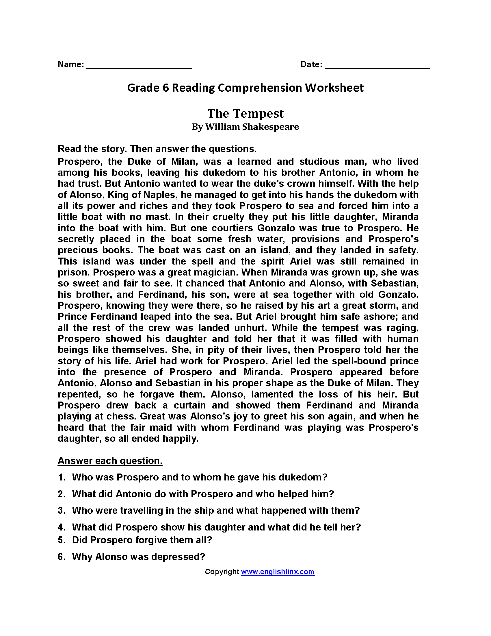 6th Grade Reading Comprehension Worksheets Free PDF 6th Grade Reading Comprehension Worksheets Free PDF