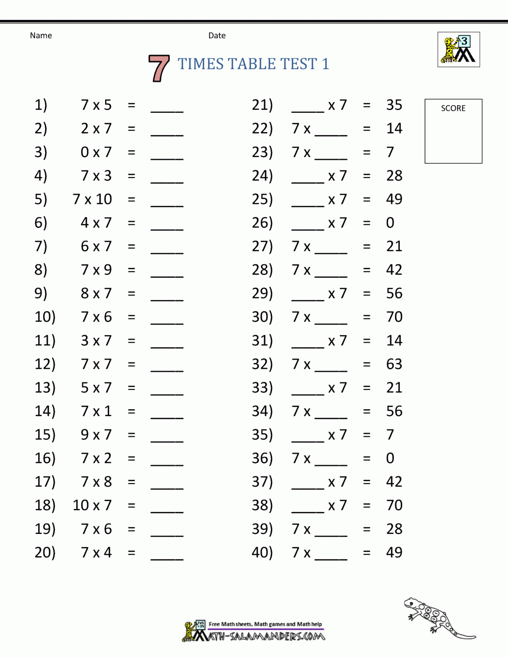 7 Times Table Worksheet Page