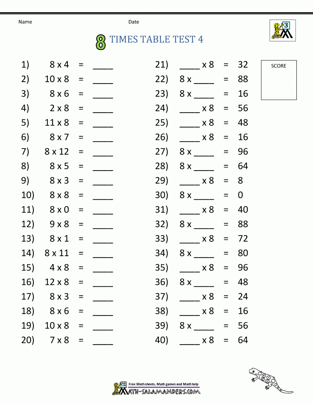 8 Times Table Worksheet Page 8 Times Table Worksheet Page