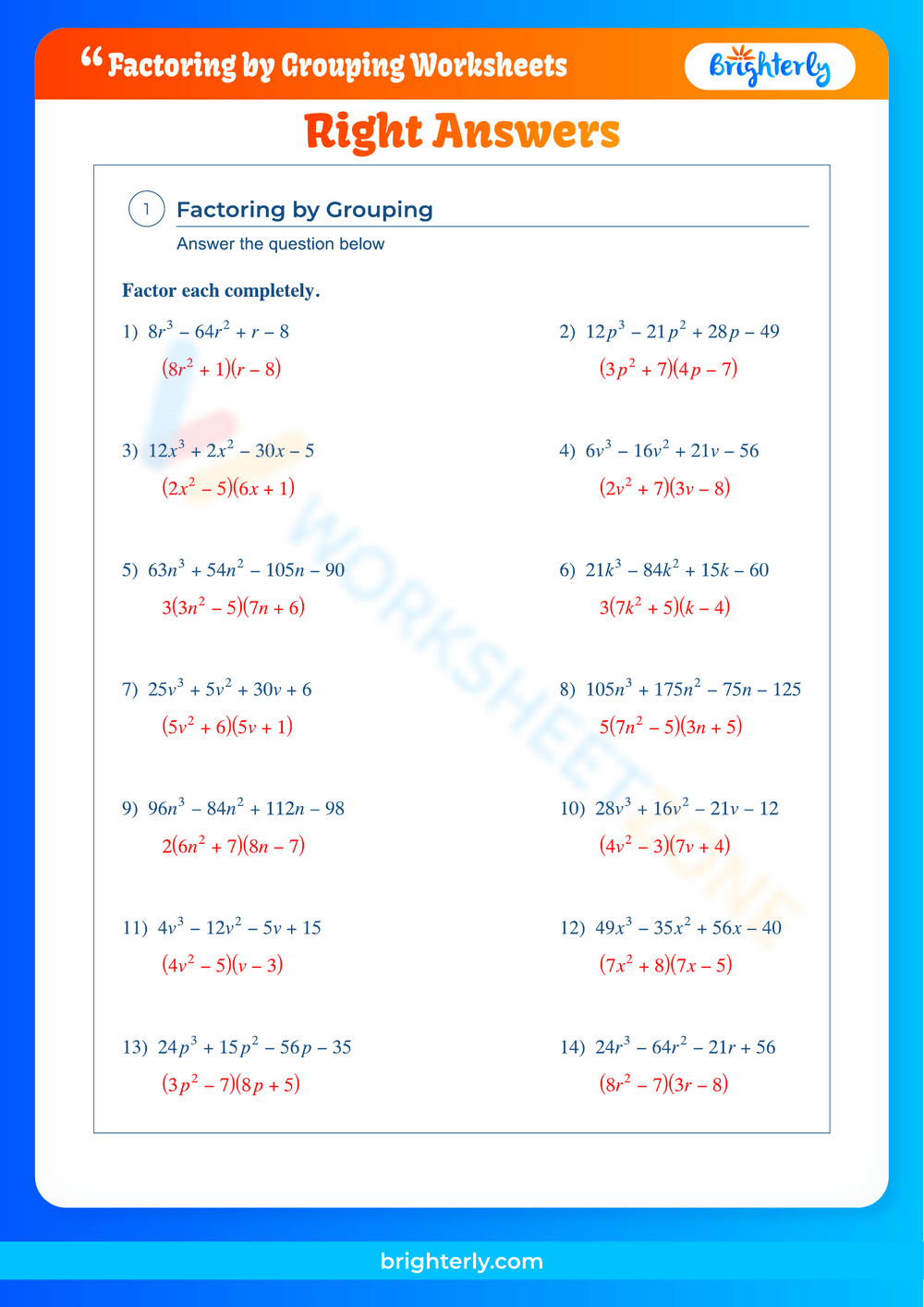 8th Grade Factoring By Grouping Worksheets