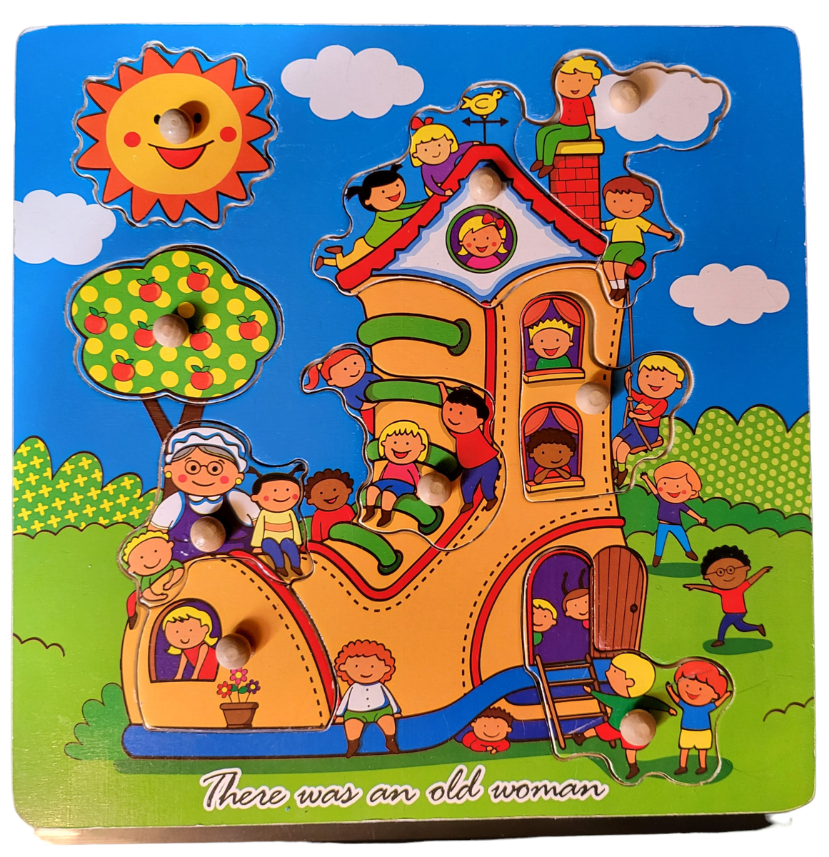 9 Pc Old Lady Who Lived In A Shoe Wooden Puzzle W Dowels EBay