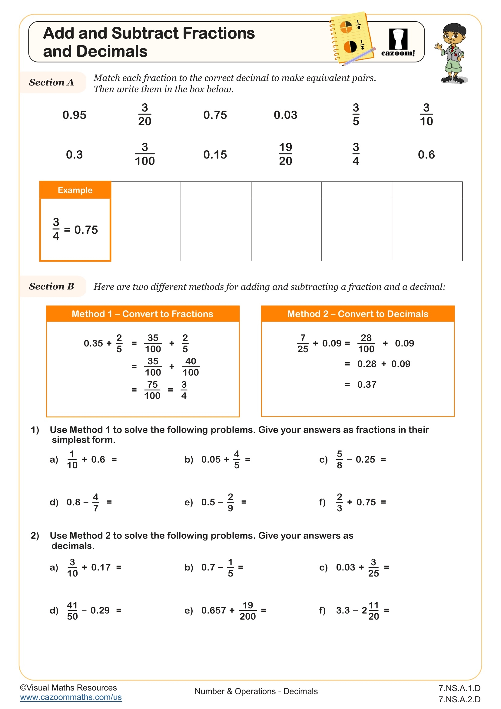 Add And Subtract Fractions And Decimals Worksheet Fun And Engaging 7th Grade Number Operations Worksheet