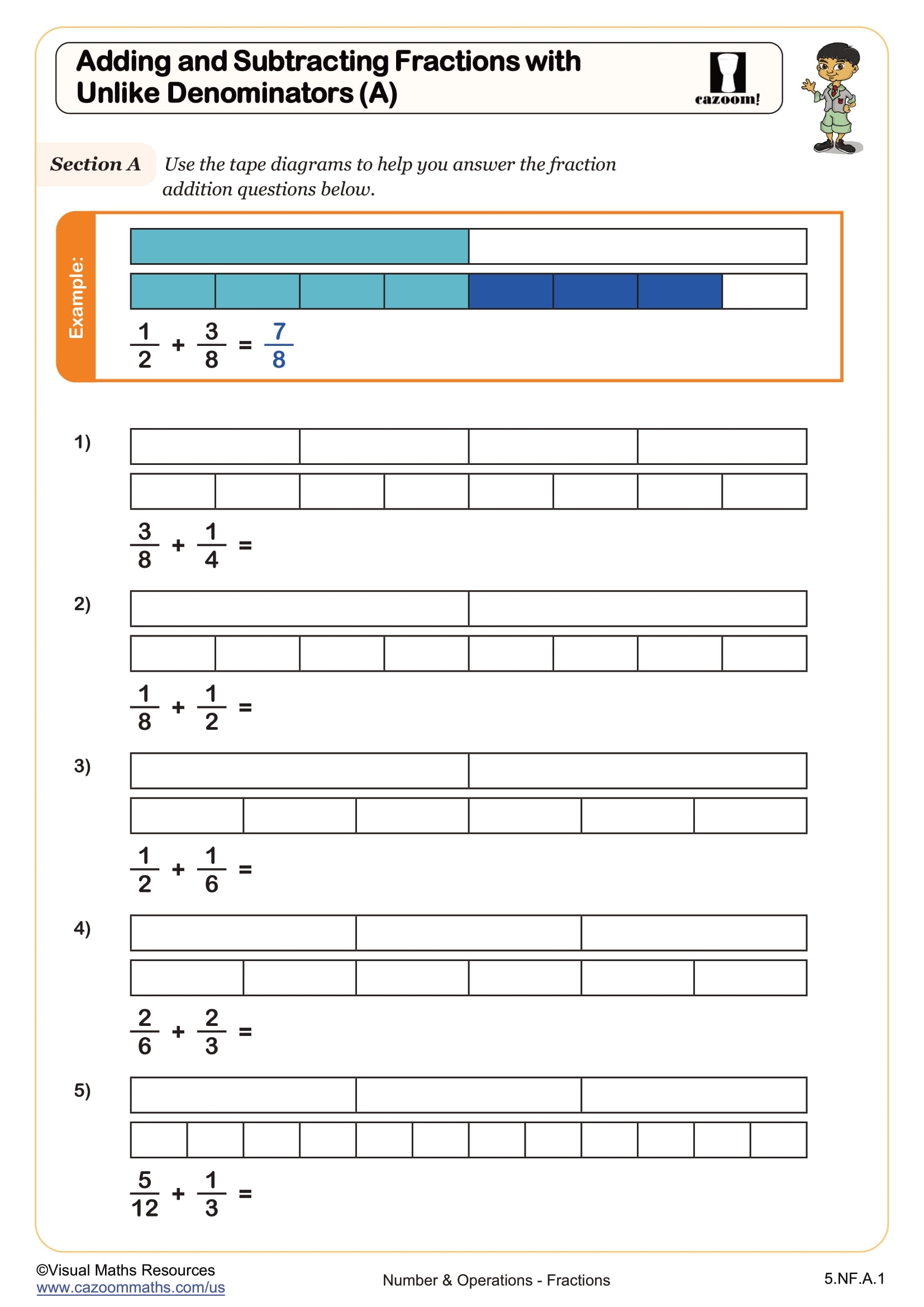 Add And Subtract Fractions With Unlike Denominators A Worksheet Printable PDF 5th Grade Number Operations Worksheet