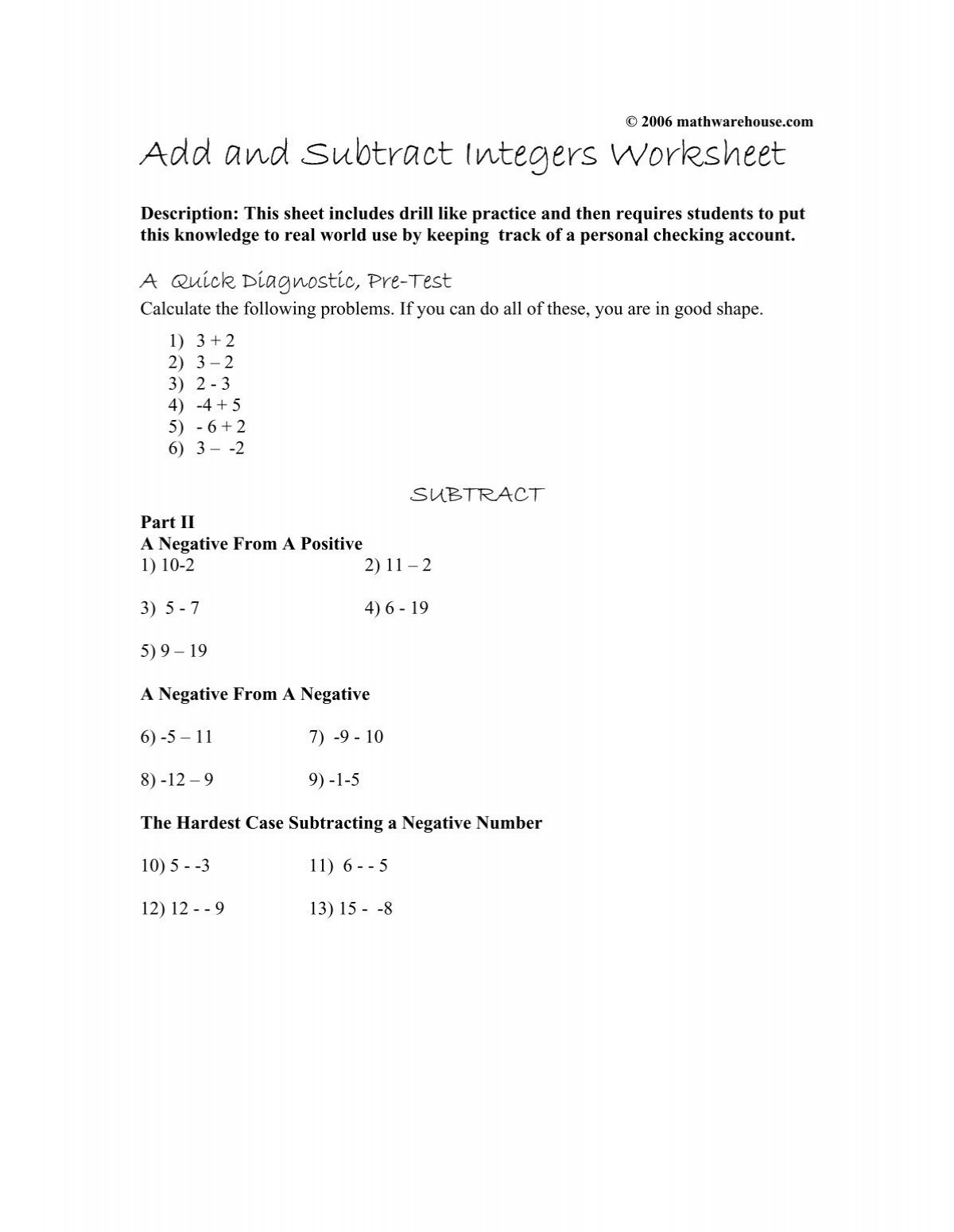 Add And Subtract Integers Worksheet Math Warehouse Add And Subtract Integers Worksheet Math Warehouse