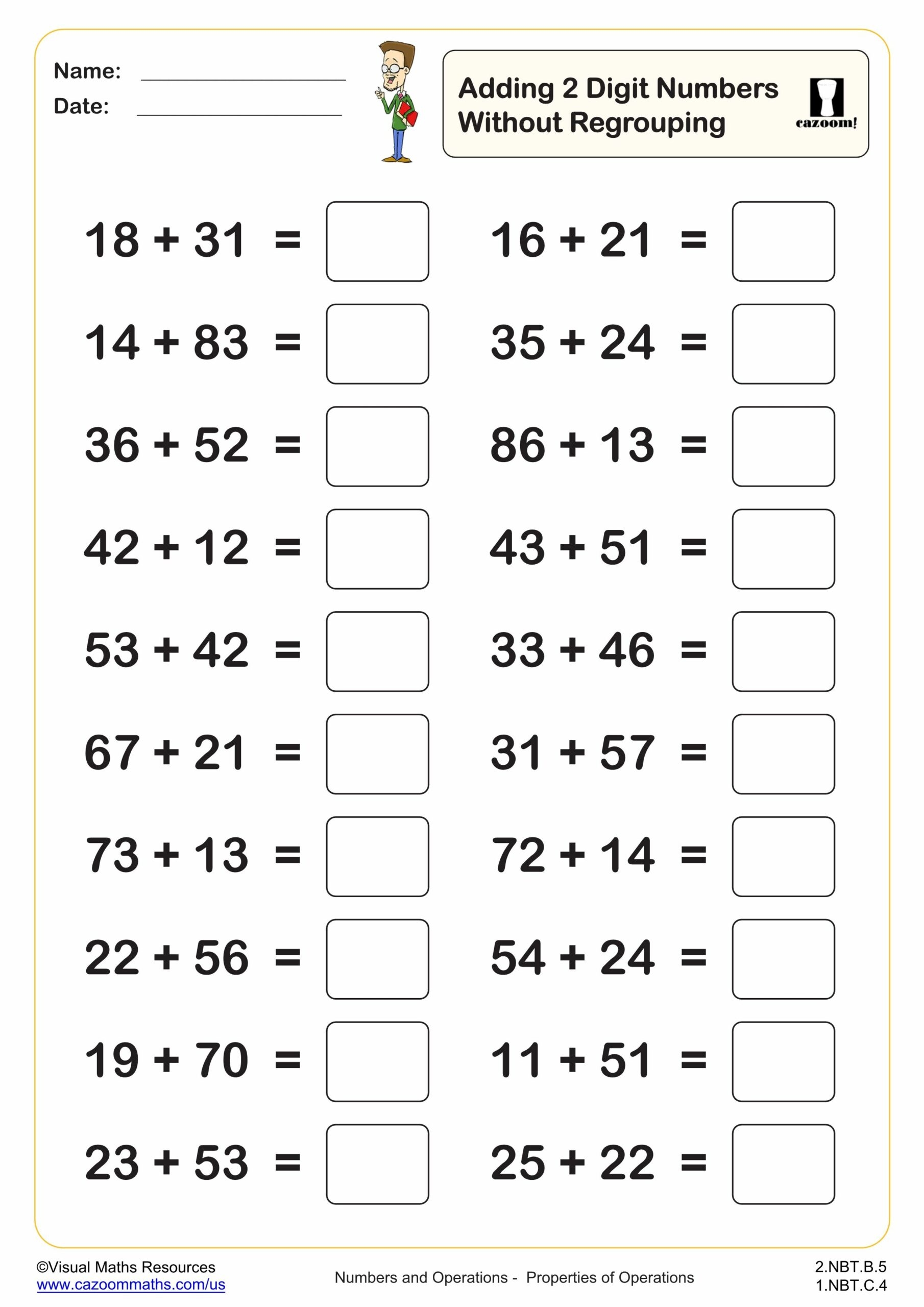 Adding 2 Digit Numbers Without Regrouping 20 Questions Worksheet PDF Printable Addition Worksheets