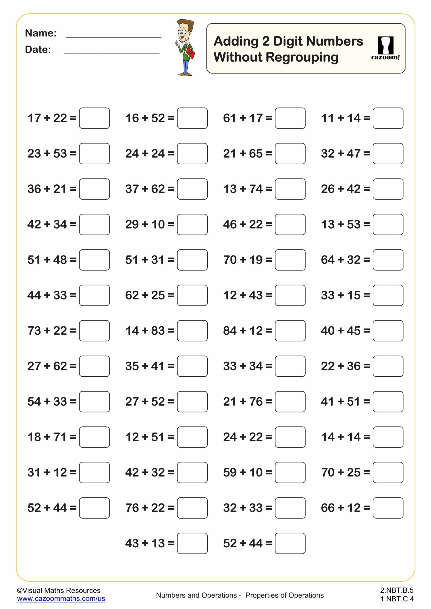 Adding 2 Digit Numbers Without Regrouping 50 Questions Fun And Engaging 2nd Grade PDF Worksheets