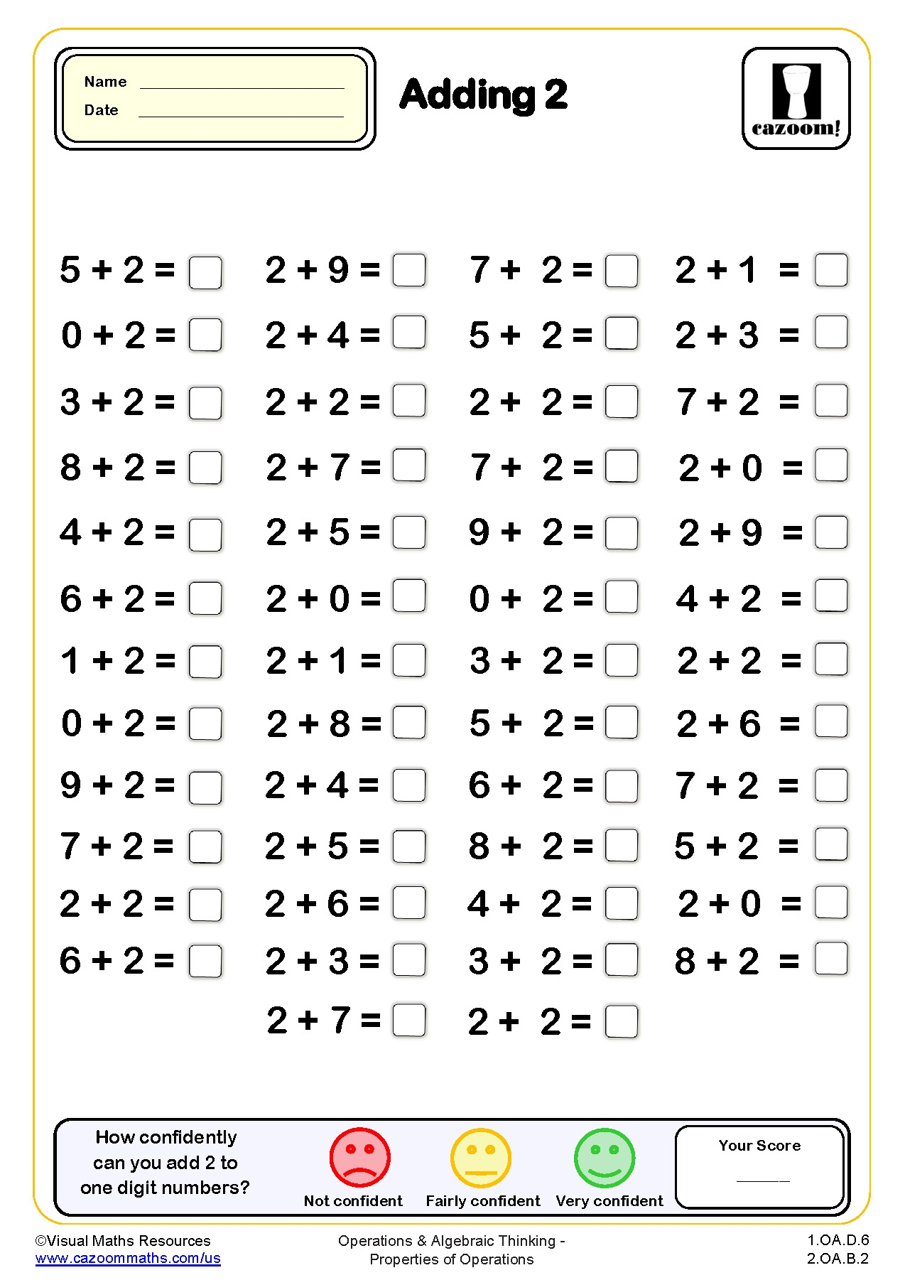 Adding 2 Drills Worksheet 50 Questions Grade 1 PDF Addition Worksheets