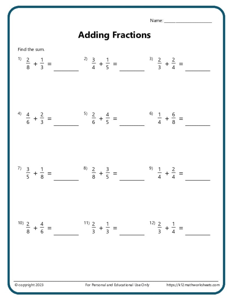 Adding And Subtracting Fractions Worksheets