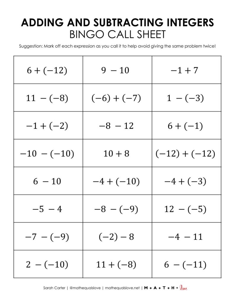 Adding And Subtracting Integers Bingo Game Math Love