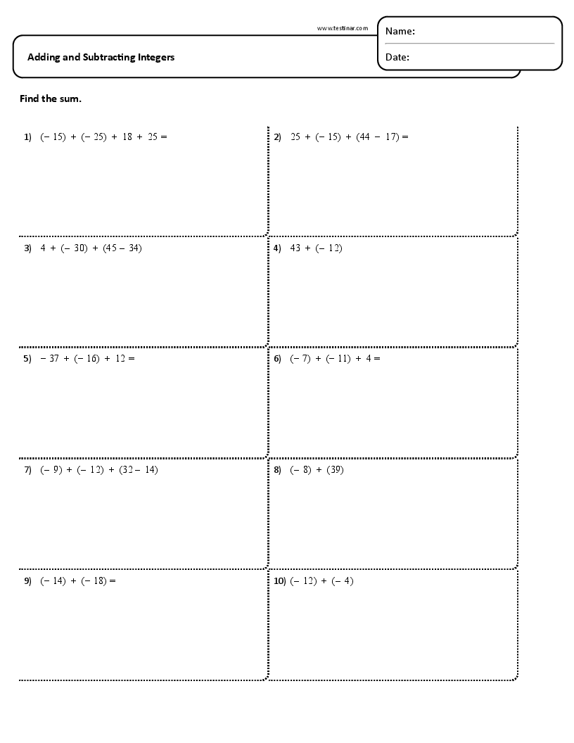 Adding And Subtracting Integers Worksheets