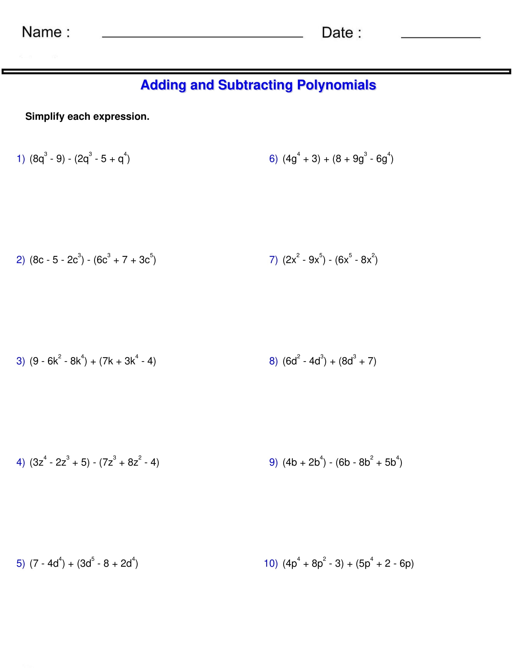 Adding And Subtracting Polynomials 2 Polynomials Made By Teachers Adding And Subtracting Polynomials 2 Polynomials Made By Teachers