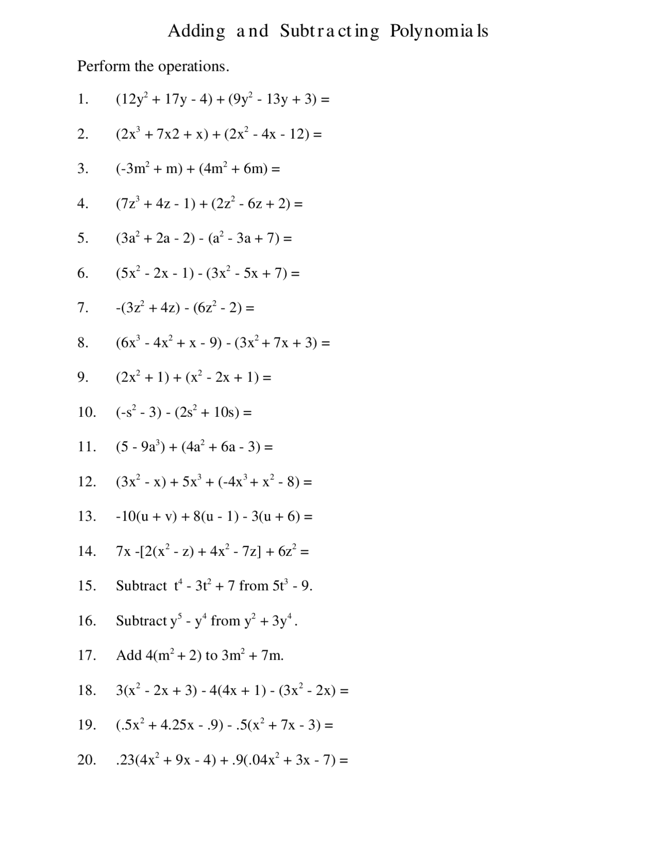 Adding And Subtracting Polynomials Exercises With Solutions Study Notes Algebra Docsity Adding And Subtracting Polynomials Exercises With Solutions Study Notes Algebra Docsity