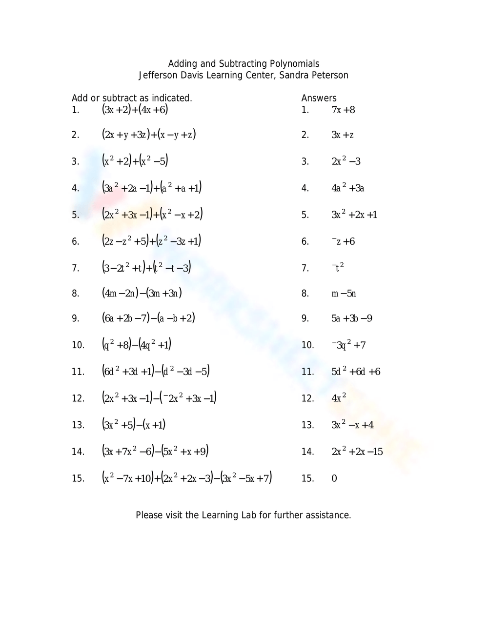 Adding And Subtracting Polynomials Worksheets Adding And Subtracting Polynomials Worksheets