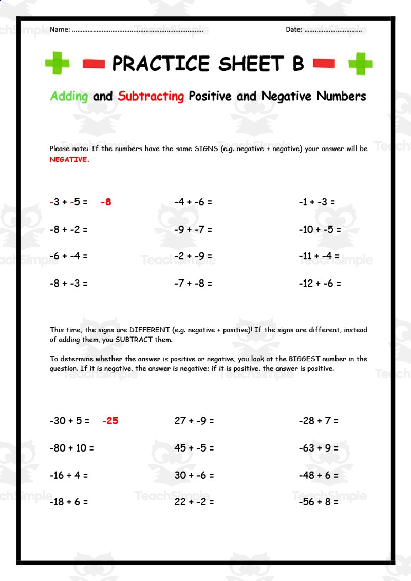 Adding And Subtracting Positive And Negative Numbers Practice Sheet B By Teach Simple