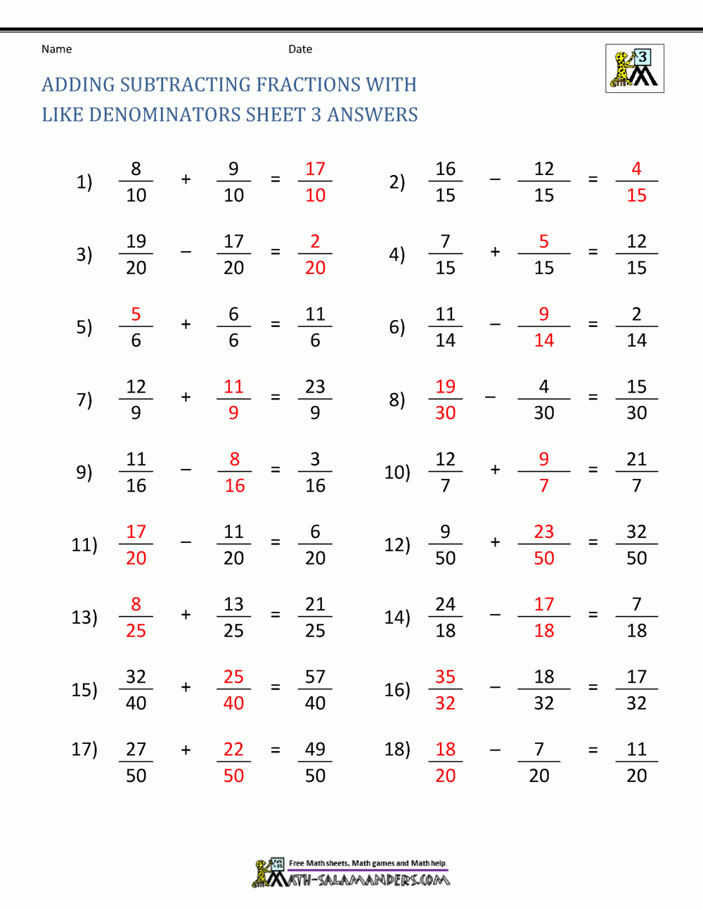 Adding Fractions With Like Denominators Worksheets