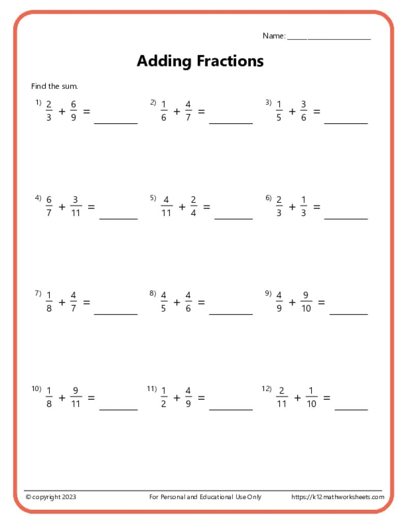 Adding Fractions With Unlike Denominators Worksheets Adding Fractions With Unlike Denominators Worksheets