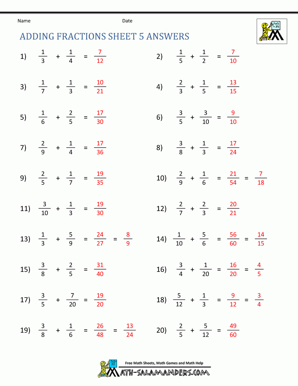 Adding Fractions Worksheets Adding Fractions Worksheets