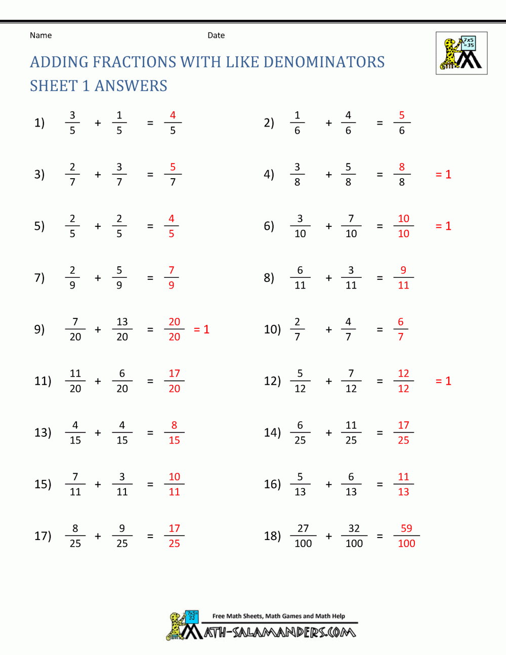 Adding Fractions Worksheets Adding Fractions Worksheets