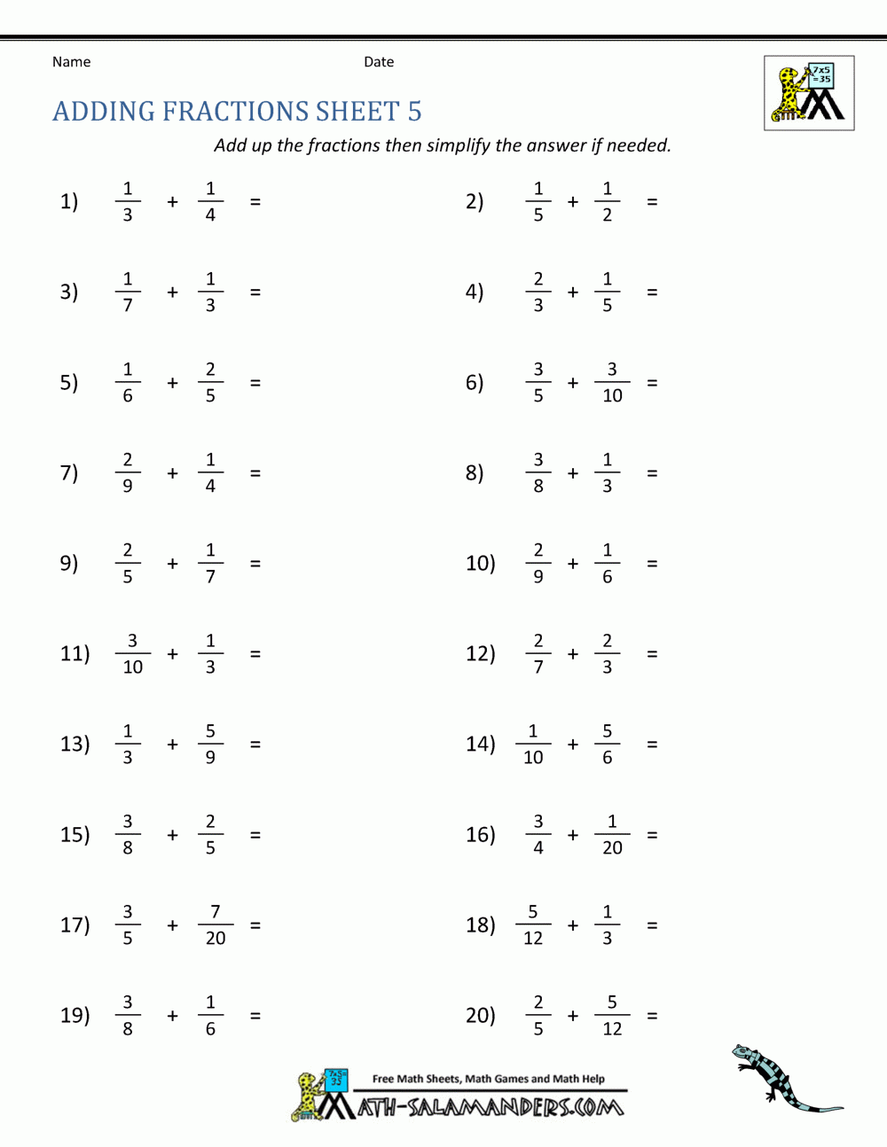 Adding Fractions Worksheets Adding Fractions Worksheets