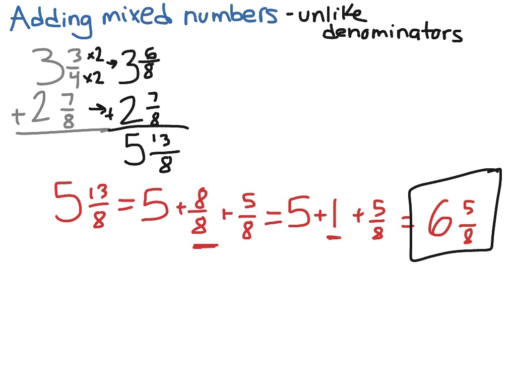 Adding Mixed Numbers With Unlike Denominators Math Elementary Math 5th Grade Math Fractions Adding And Subtracting Fractions ShowMe
