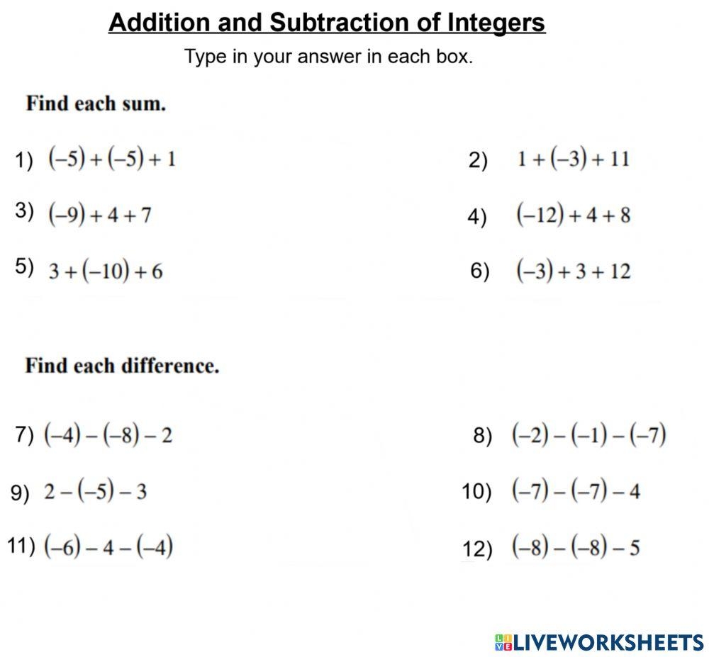 adding and subtracting integers worksheet pdf