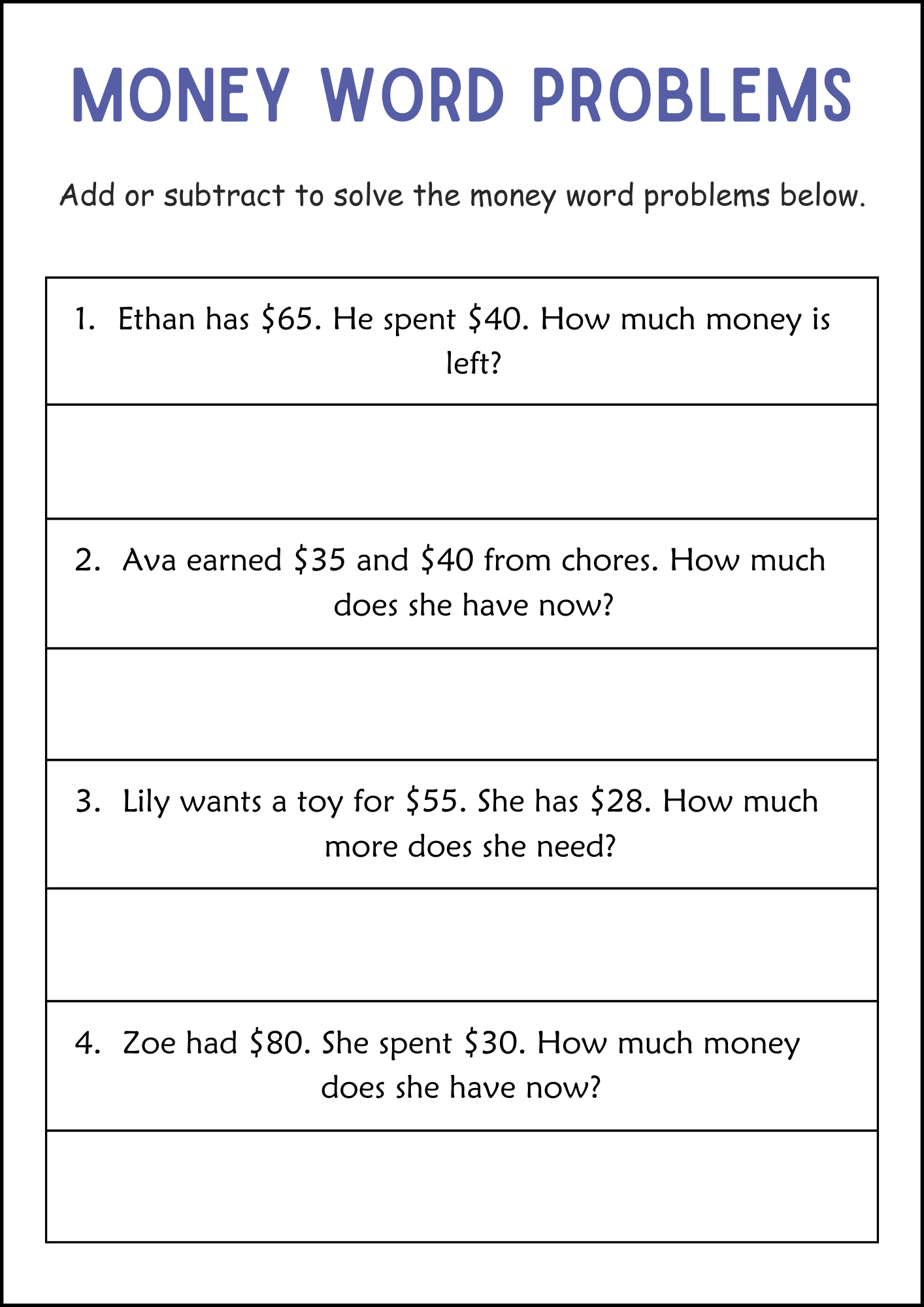 Addition And Subtraction Money Word Problems Math Worksheets For Grade 2 3 Made By Teachers
