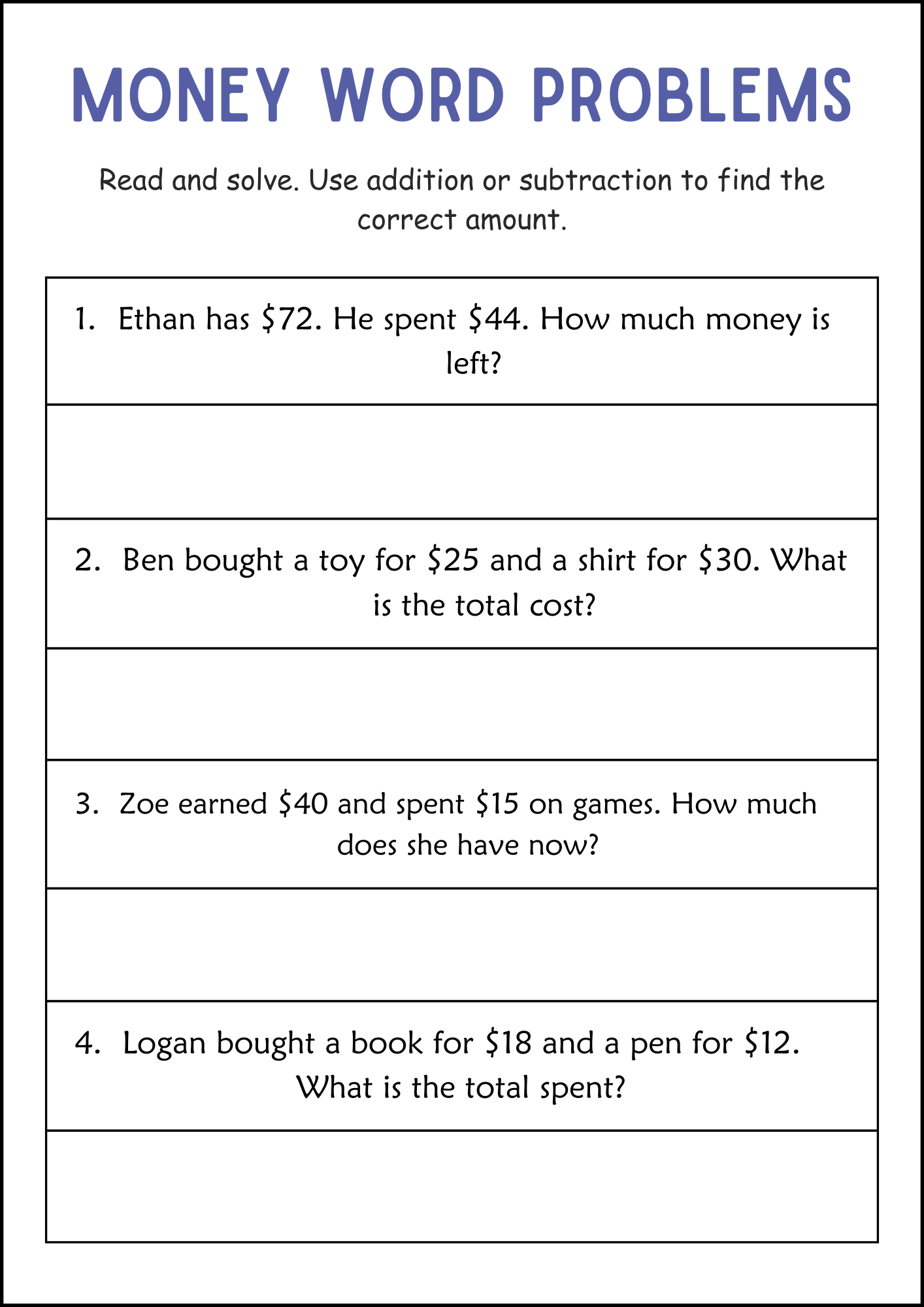 Addition And Subtraction Money Word Problems Math Worksheets For Grade 2 3 Made By Teachers Addition And Subtraction Money Word Problems Math Worksheets For Grade 2 3 Made By Teachers